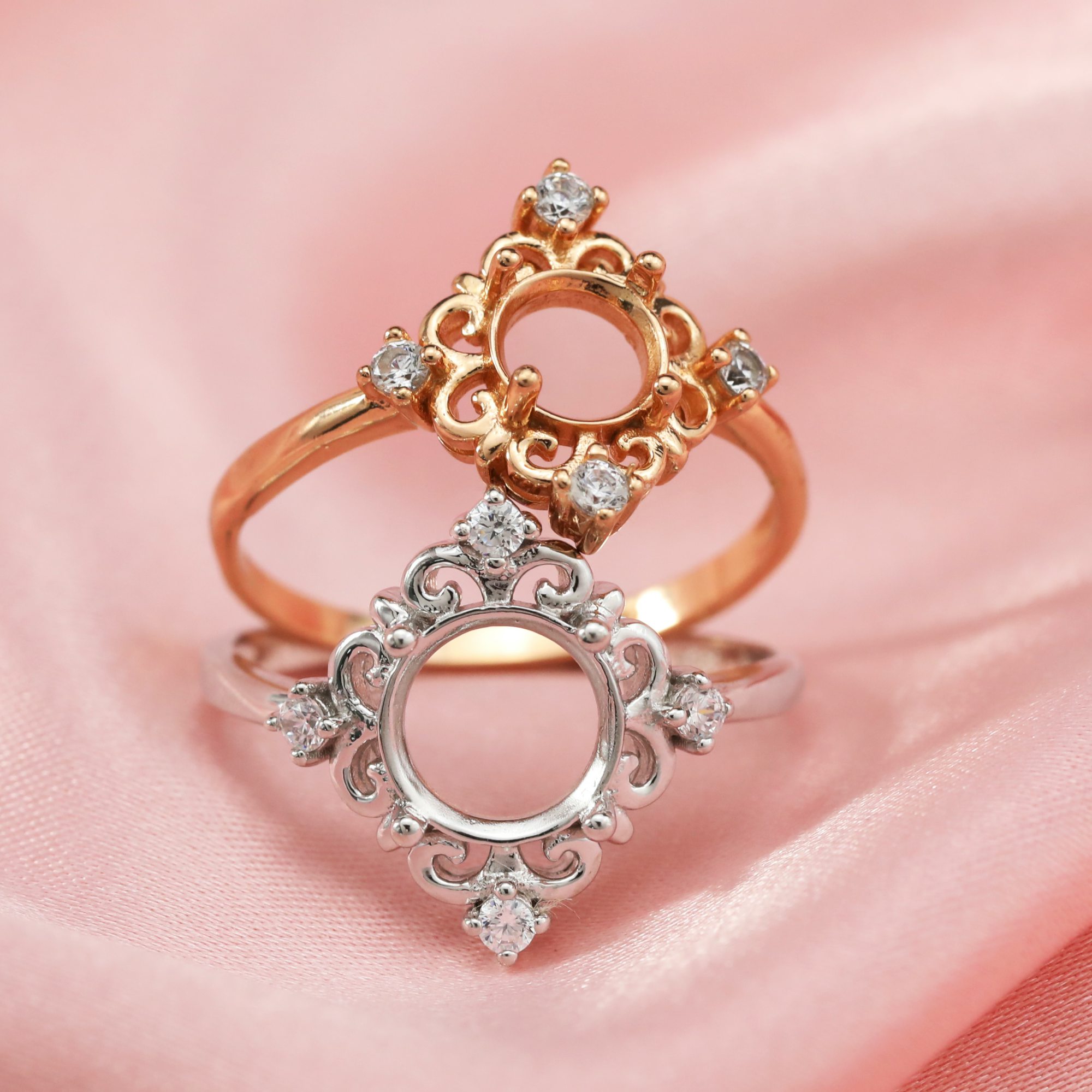 6-8MM Round Prong Ring Settings Art Deco Solid 14K/18K Gold Ring with Moissanite Accents DIY Gemstone Ring Bezel 1214026-1