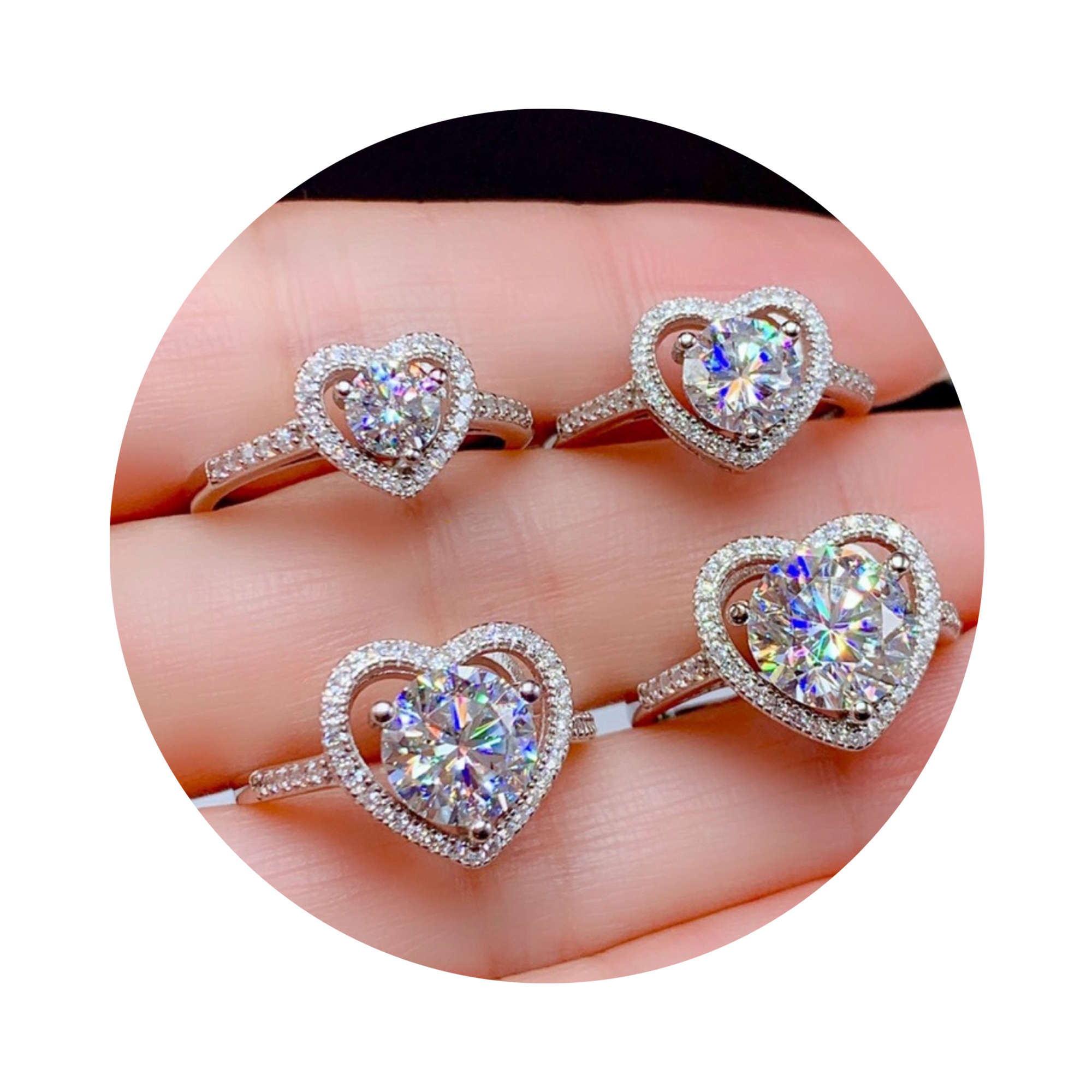 1Pcs 5-9MM Round Simple Gemstone Cz Stone Prong Bezel Solid 925 Sterling Silver Adjustable Ring Settings Heart Shape 1214032 - Click Image to Close