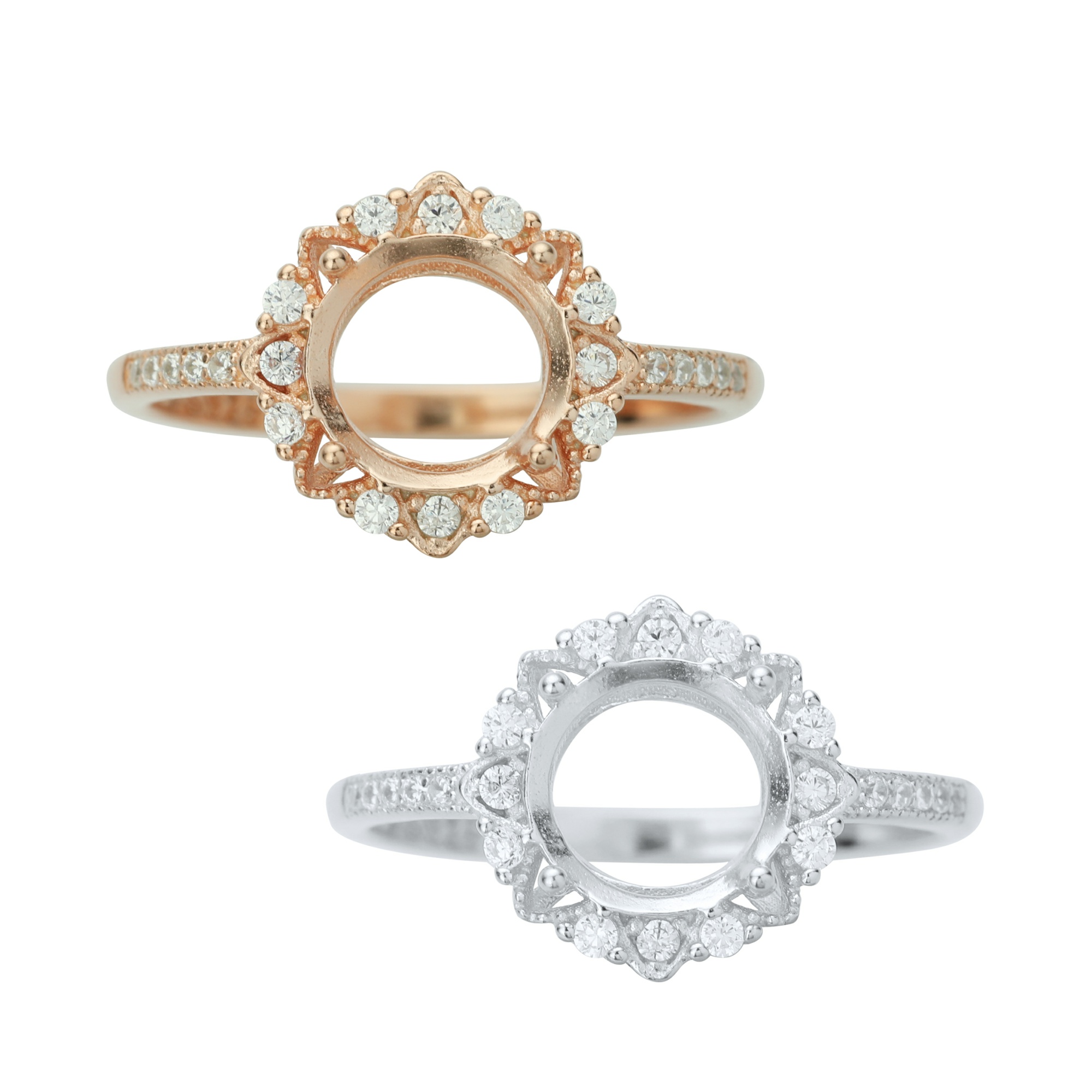 8MM Halo Round Prong Ring Settings,Flower Solid 925 Sterling Silver Rose Gold Plated Ring,Vintage Styles Ring,DIY Ring Bezel For Gemstone 1215062 - Click Image to Close