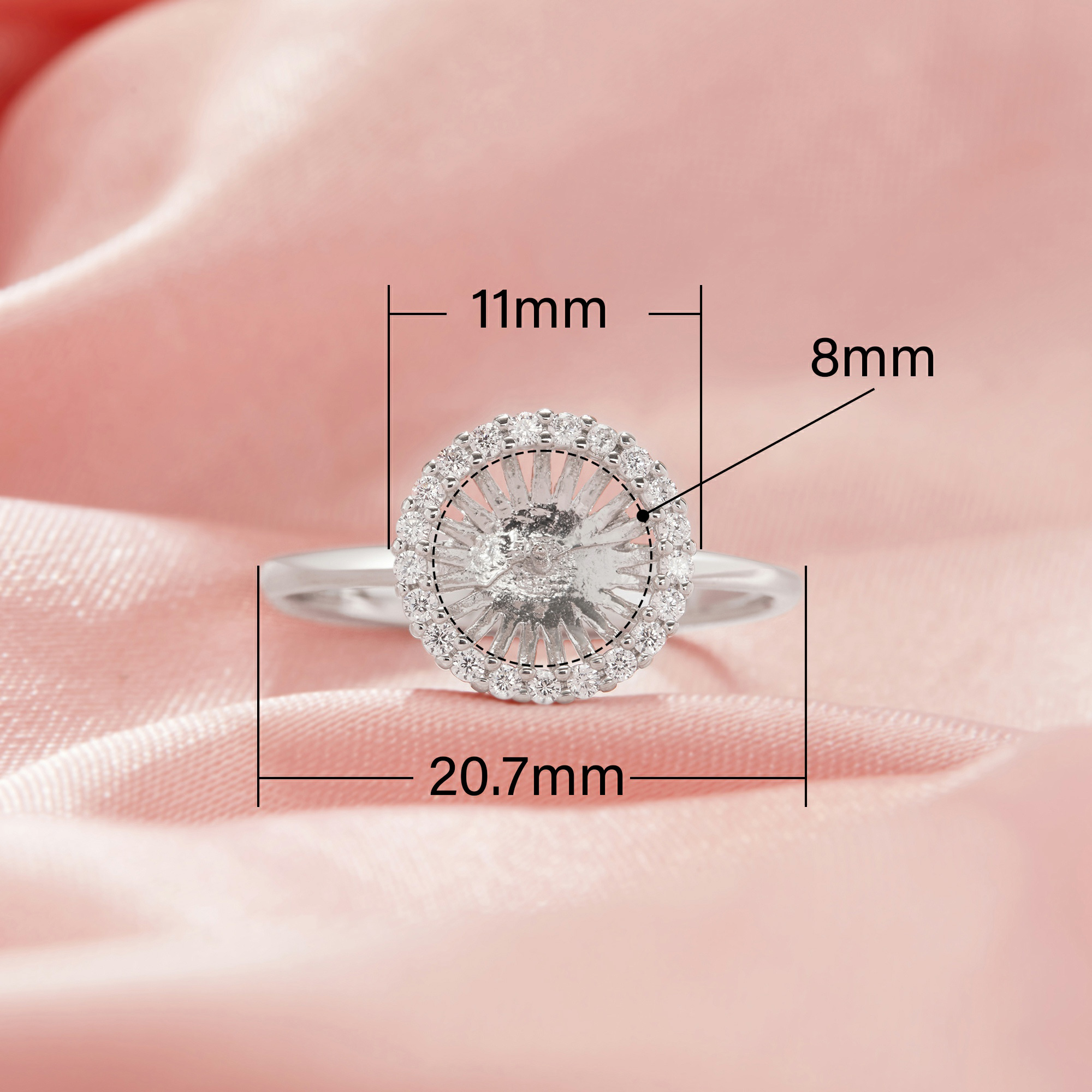 Halo Round Pin Ring Settings For Half Drilled Pearl Bead,Solid 14K 18K Gold Ring For Half Drilled Beads,Pave Moissanite Ring,DIY Ring Supplies 1215103 - Click Image to Close