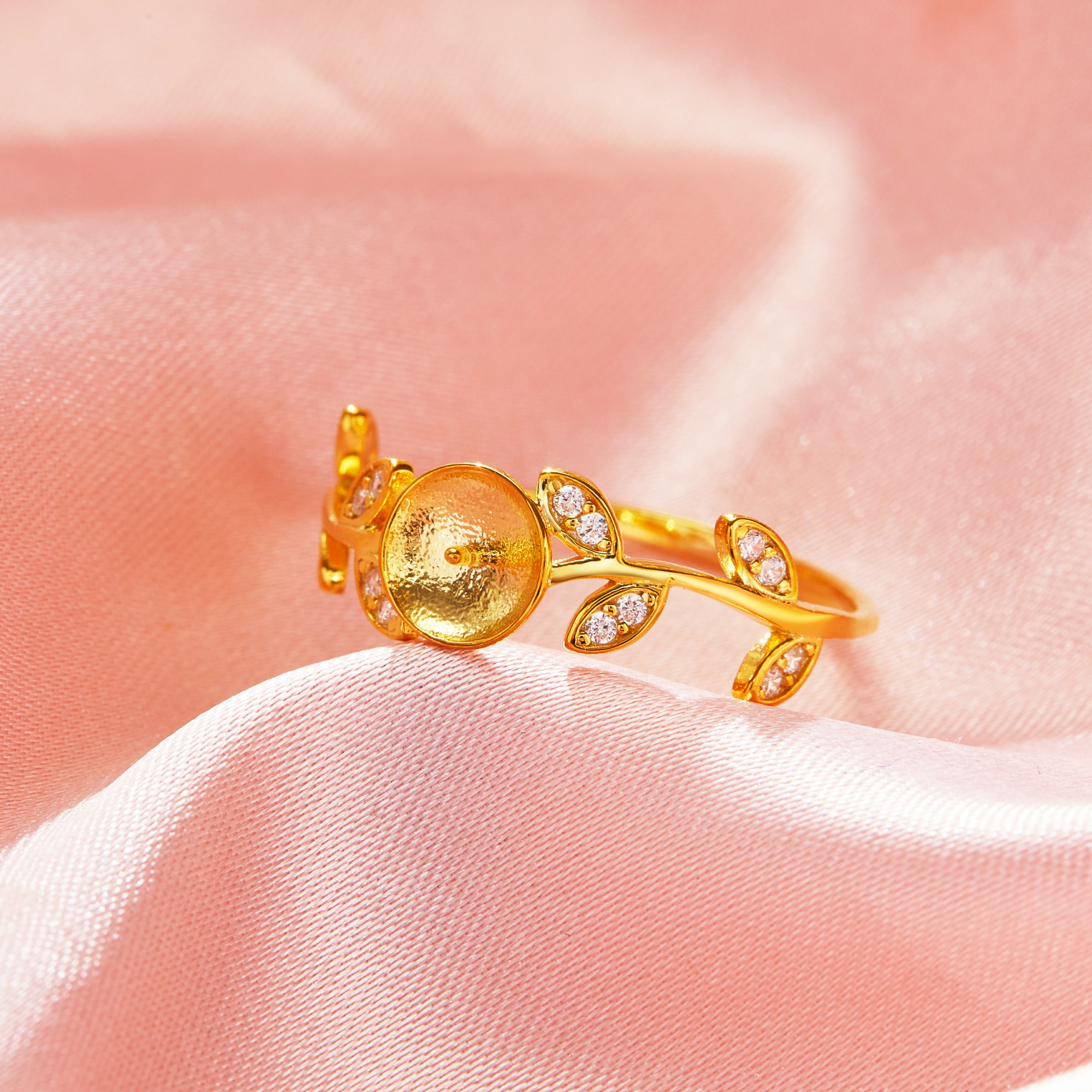 Round Pin Ring Settings For Half Drilled Pearl Bead,Solid 14K 18K Gold Ring For Half Drilled Beads,Tree Branch Leaf Ring,DIY Ring Supplies 1215104 - Click Image to Close