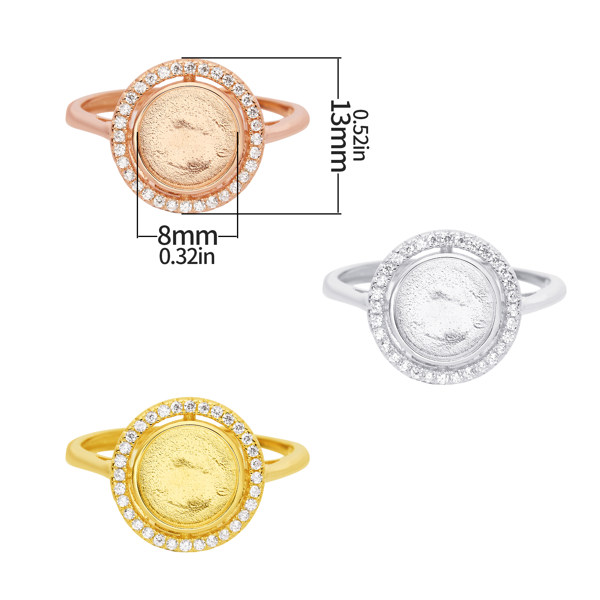 8MM Keepsake Breast Milk Resin Halo Round Bezel Ring Settings,Solid 925 Sterling Silver Rose Gold Plated Ring,Pave CZ Stone Ring,DIY Ring Supplies 1215110