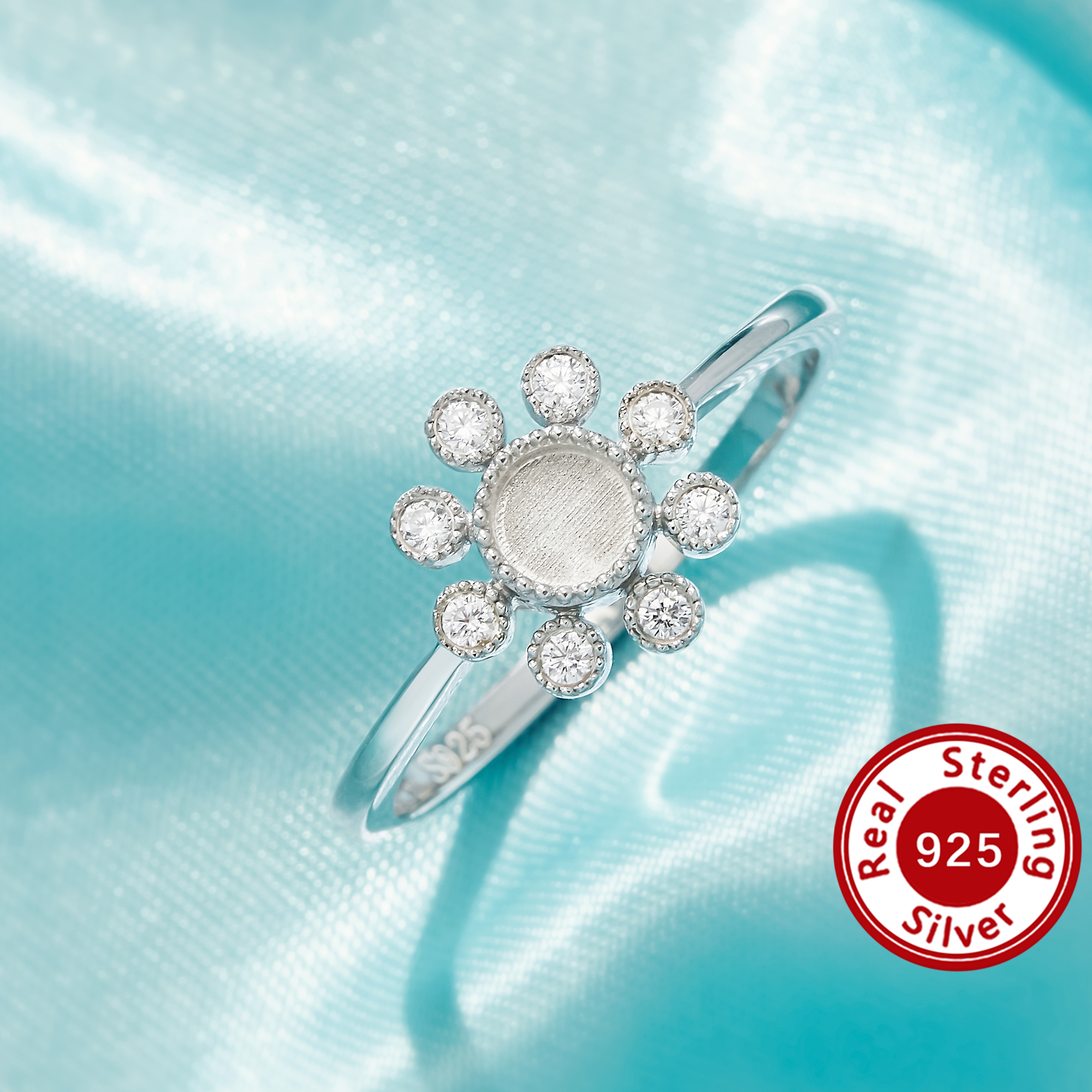 4MM Halo Keepsake Breast Milk Resin Round Bezel Ring Settings,Flower Birthstone Solid 925 Sterling Silver Ring 1215133-1