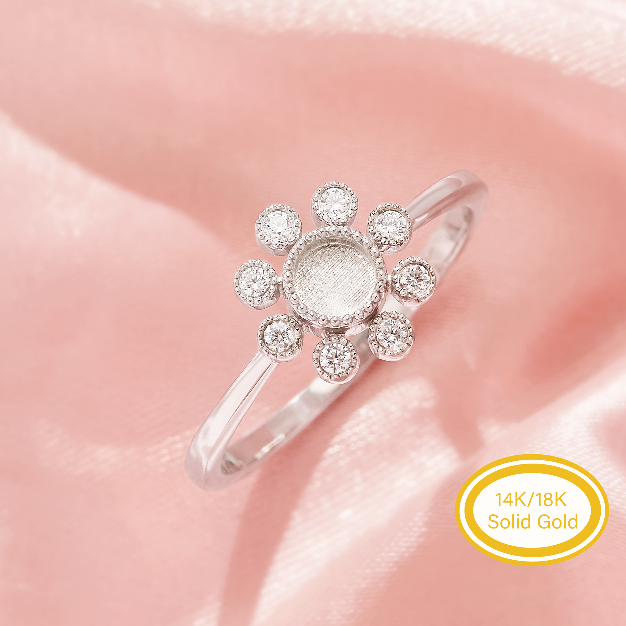 4MM Halo Keepsake Breast Milk Resin Round Bezel Ring Settings,Flower Solid 14K 18K Gold Ring,Moissanite Stone Art Deco Solid Back Ring 1215133