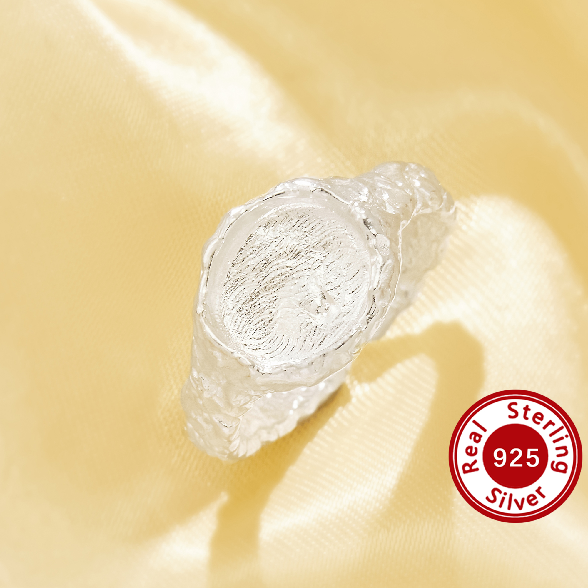 8x10MM Keepsake Mother Milk Resin Adjustable Ring Bezel Settings,Solid 925 Sterling Silver Oval Ring Base Plain Silver No Plating Shiny Hammered Chunky Textured Band Ring 1215136