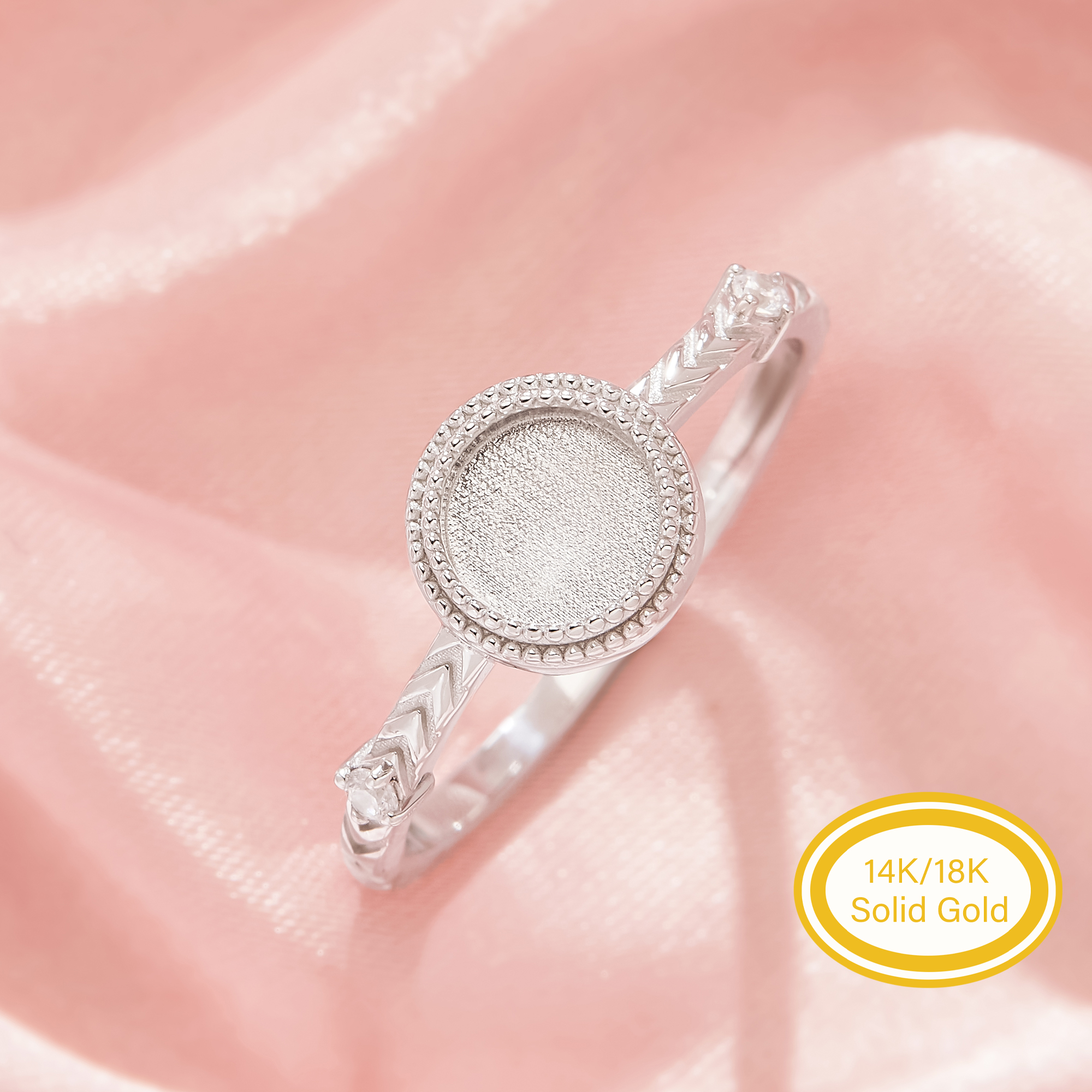 Keepsake Mother Milk Resin Bezel Ring Settings, Round Elegant Solid 14K 18K Gold Ring, Retro Milgrain Beaded Vintage Fine Jewelry 1215137