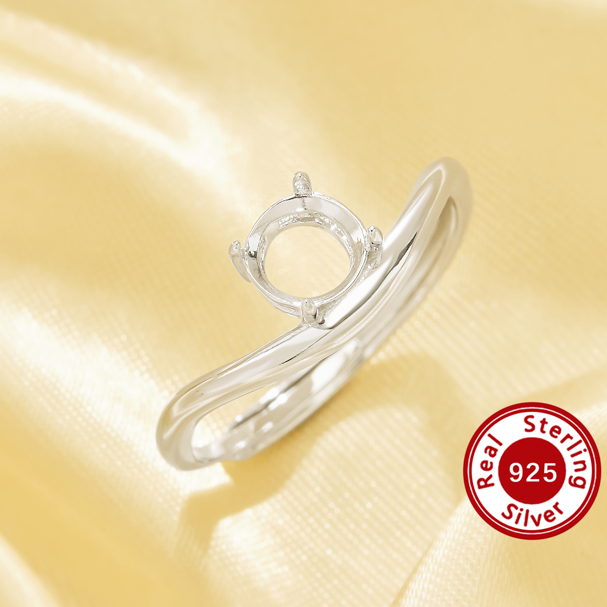 6MM Round Prongs Ring Setting,Curved Wave Line Solid 925 Sterling Silver Ring,Vintage Style Ring,DIY Adjustable Ring Setting 1215143