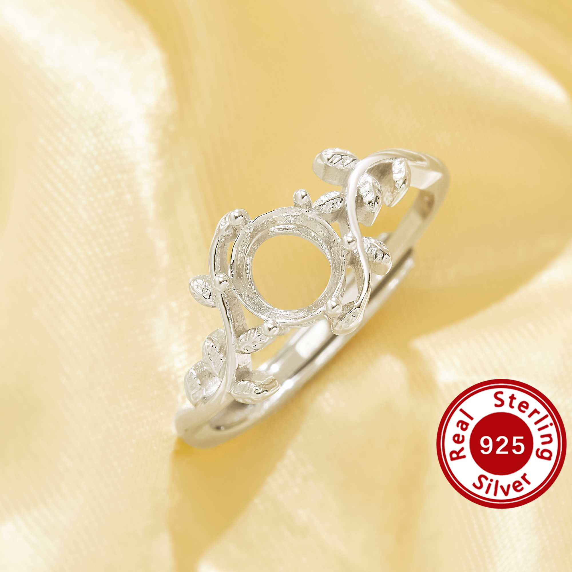 6MM Round Prongs Ring Setting,Vine Leaf Line Solid 925 Sterling Silver Bypass Ring,Shiny Vintage Style DIY Adjustable Ring Setting 1215144