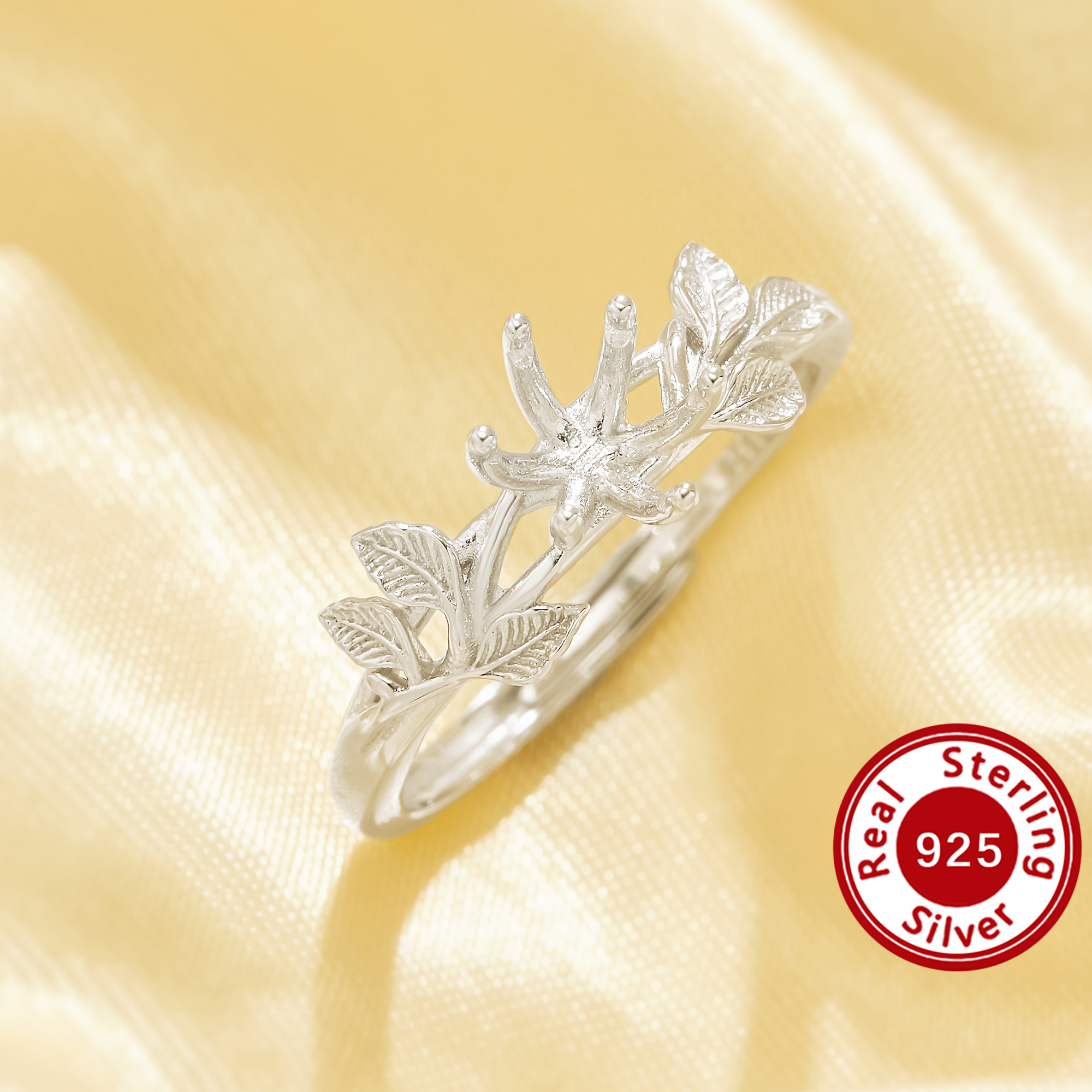 6MM Round Solitarie Prongs Ring Settings,Detailed Leaf Solid 925 Sterling Silver Ring,Vintage Style Ring,DIY Adjustable Ring Settings 1215145
