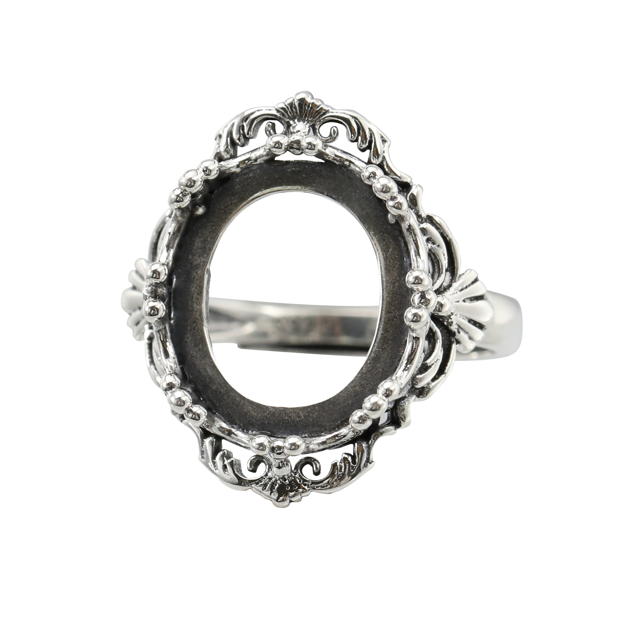 12x14MM Oval Ring Settings Art Deco Vintage Style Antiqued Solid 925 Sterling Silver Adjustable Ring Bezel 1222050 - Click Image to Close
