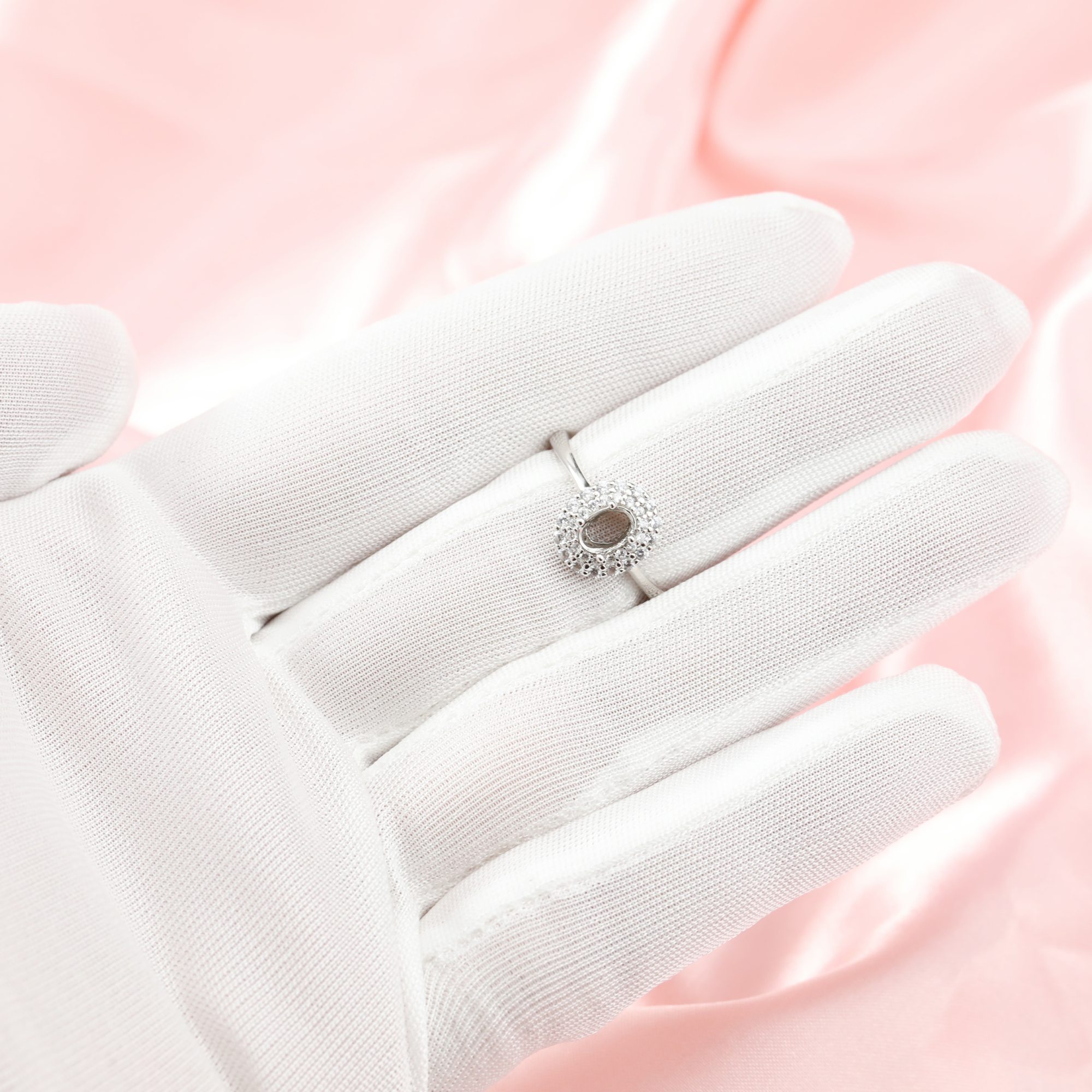 4x6MM Double Halo Oval Prong Ring Setttings Memory Jewelry Solid 14K 18K Gold DIY Ring Blank Wedding Band with Moissanite 1222060-1