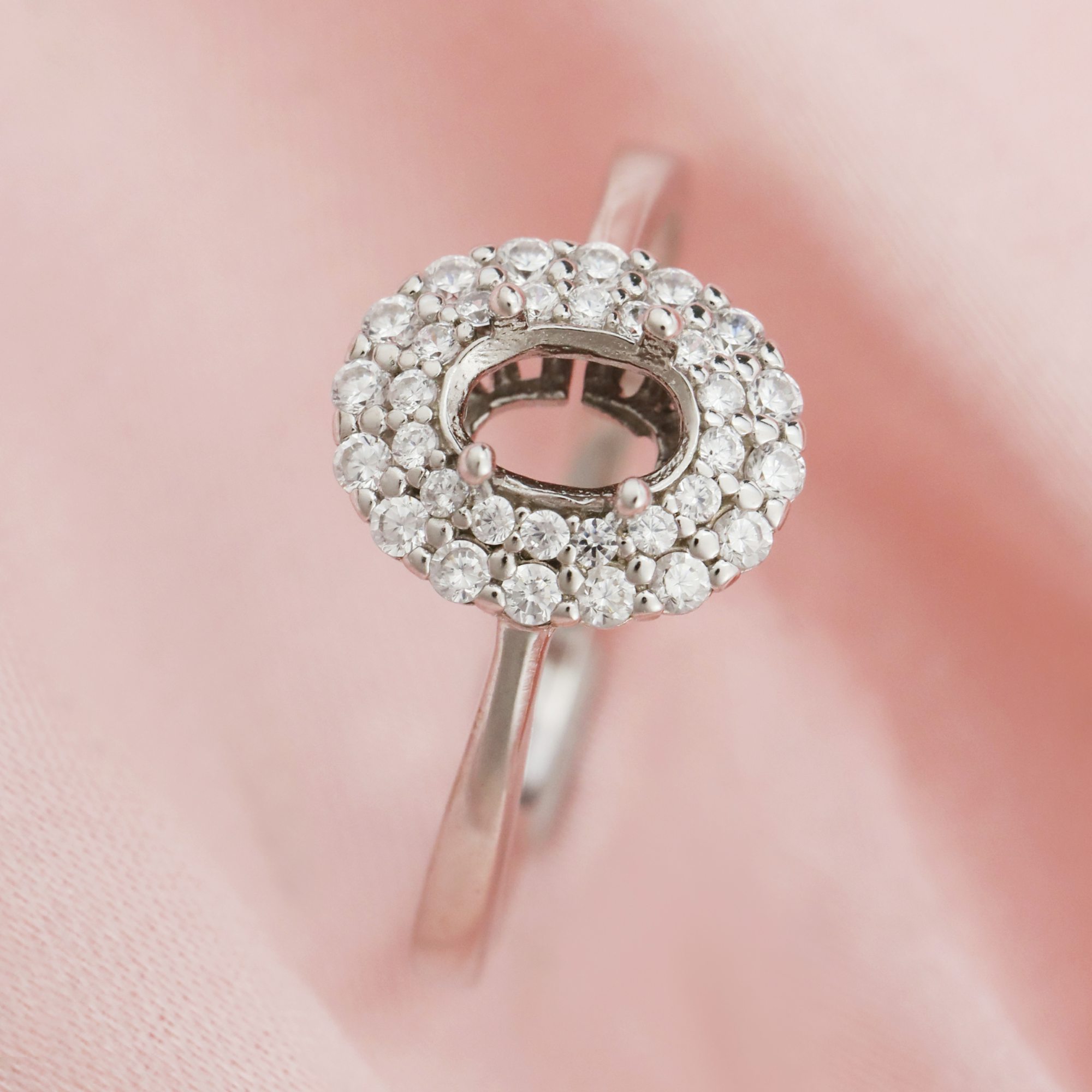 4x6MM Double Halo Oval Prong Ring Setttings Memory Jewelry Solid 14K 18K Gold DIY Ring Blank Wedding Band with Moissanite 1222060-1