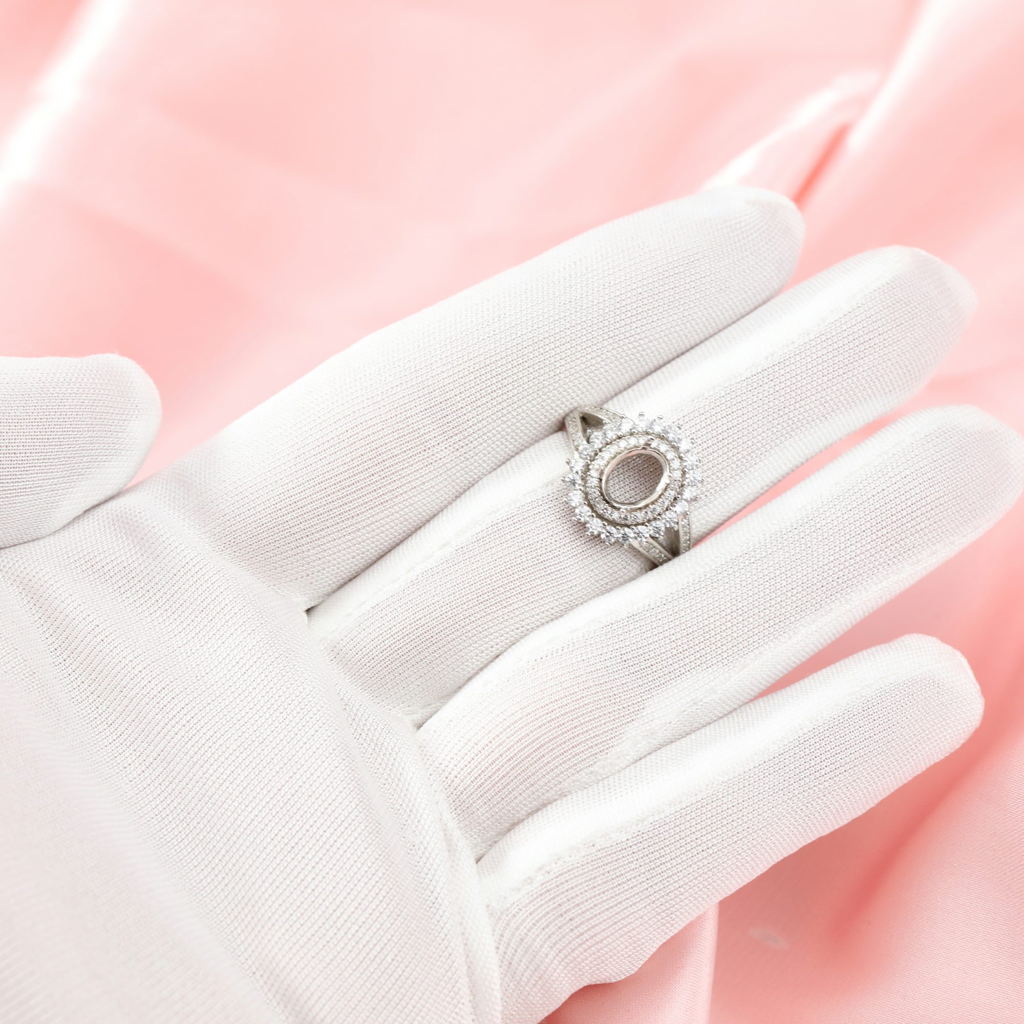 6x8MM Double Halo Oval Prong Ring Setttings Art Deco Memory Jewelry Solid 14K 18K Gold DIY Ring Blank Wedding Band with Moissanite 1222064-1