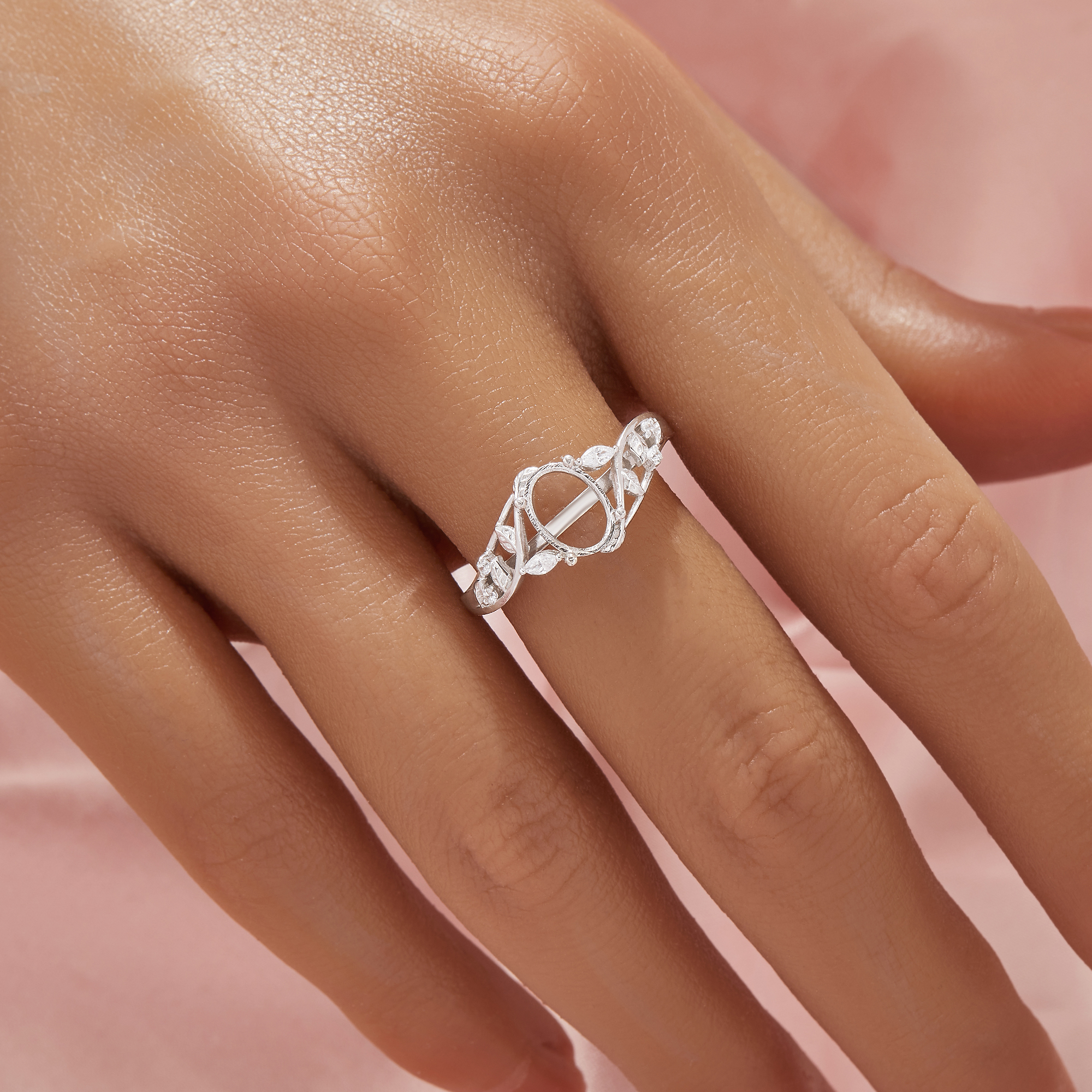 Oval Prong Ring Settings,Bypass Shank Solid 925 Sterling Silver Ring,Tree Branch Leaf Art Deco Solid Back Ring,DIY Ring Supplies 1222147-1