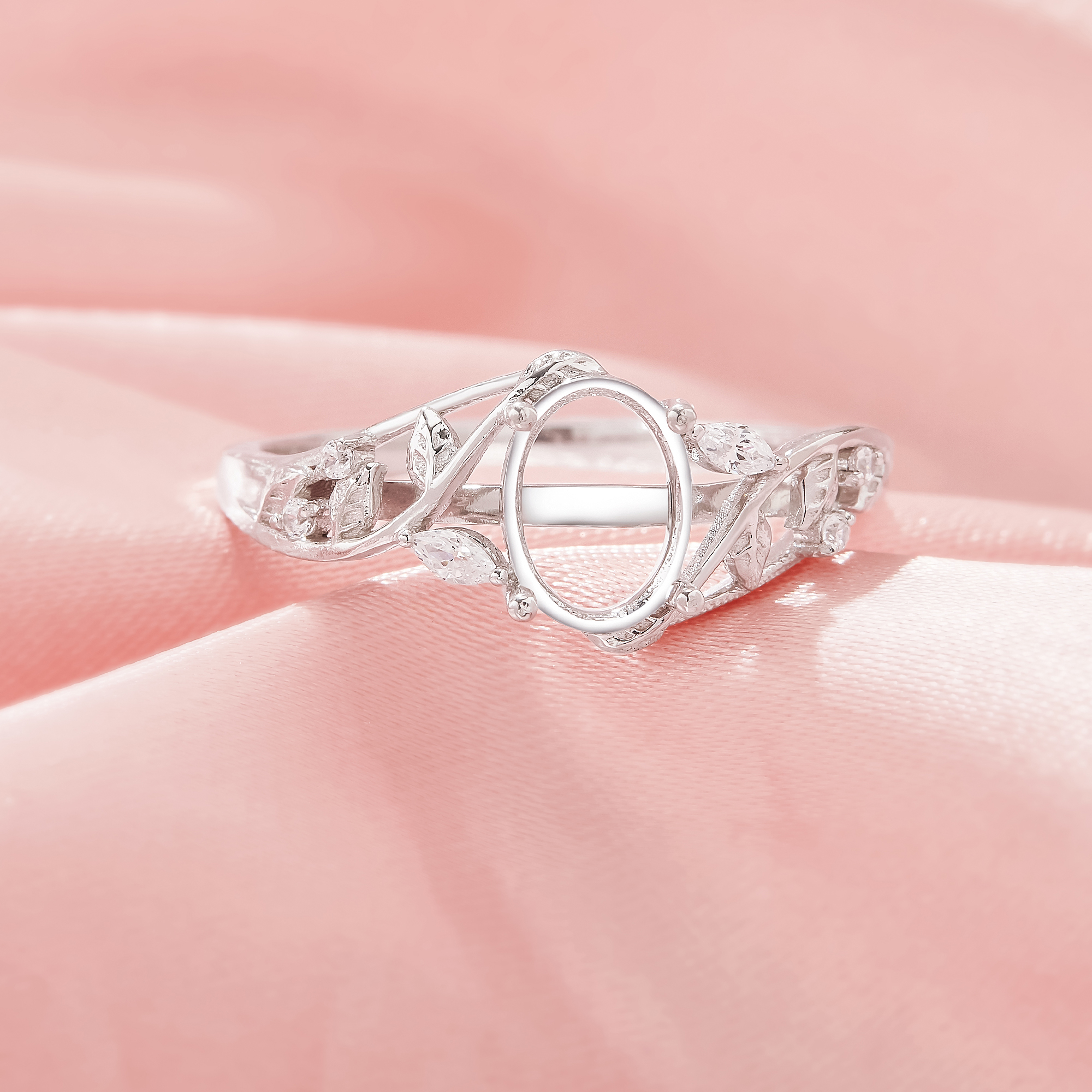 Oval Prong Ring Settings,Bypass Shank Solid 925 Sterling Silver Ring,Tree Branch Leaf Art Deco Solid Back Ring,DIY Ring Supplies 1222147-1