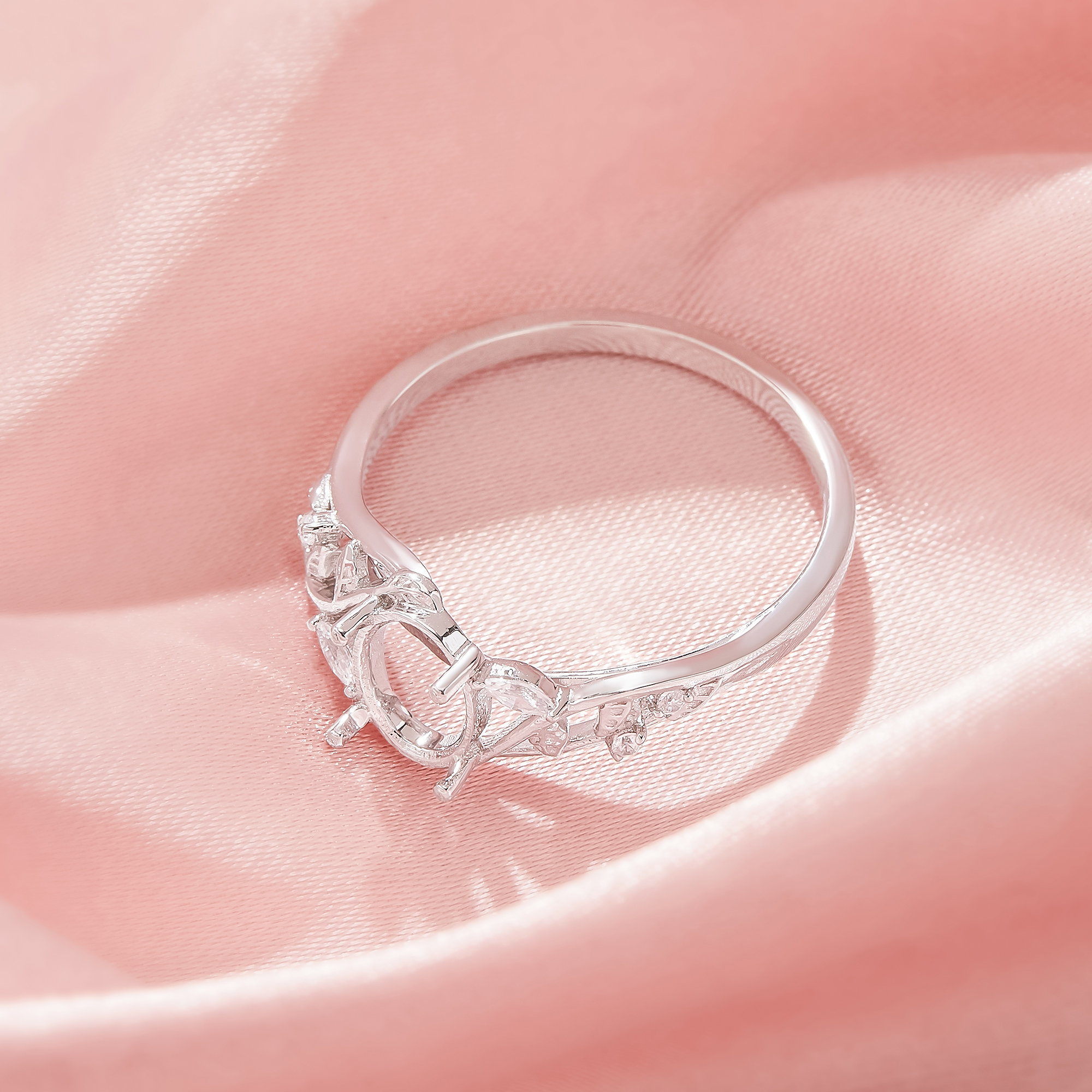 Oval Prong Ring Settings,Bypass Shank Solid 925 Sterling Silver Ring,Tree Branch Leaf Art Deco Solid Back Ring,DIY Ring Supplies 1222147-1