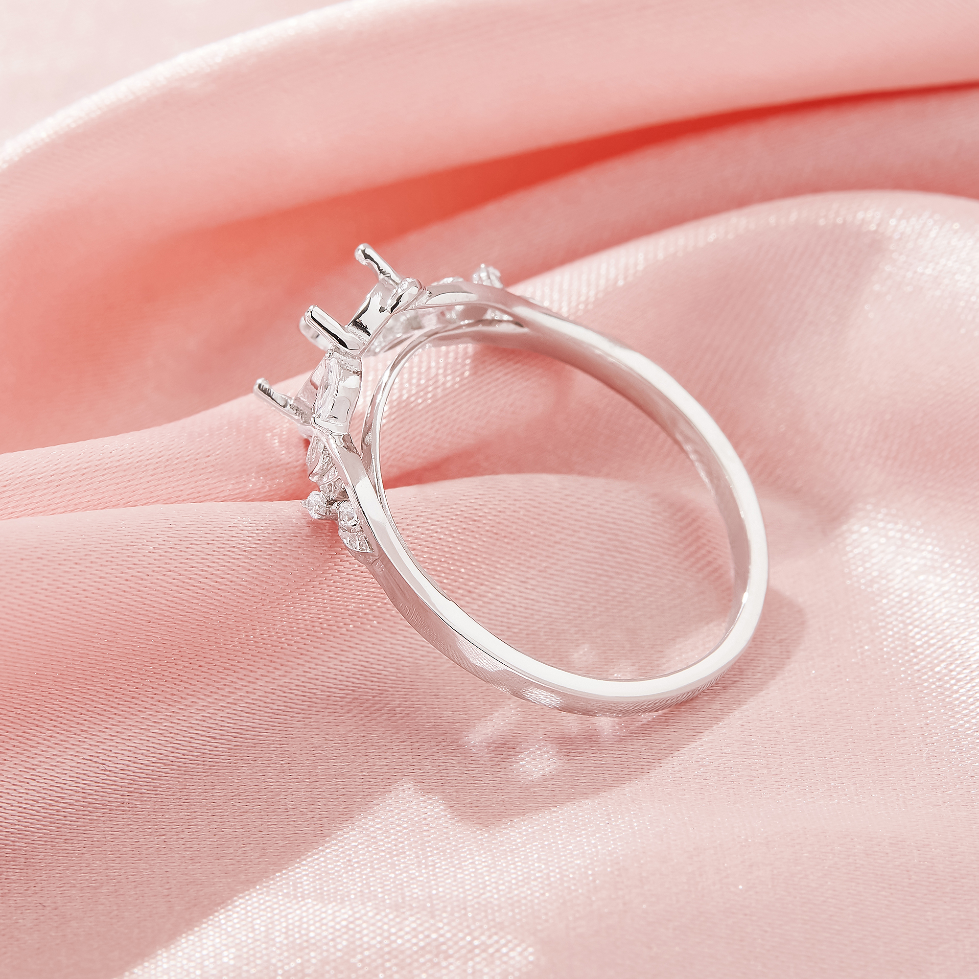 Oval Prong Ring Settings,Bypass Shank Solid 925 Sterling Silver Ring,Tree Branch Leaf Art Deco Solid Back Ring,DIY Ring Supplies 1222147-1