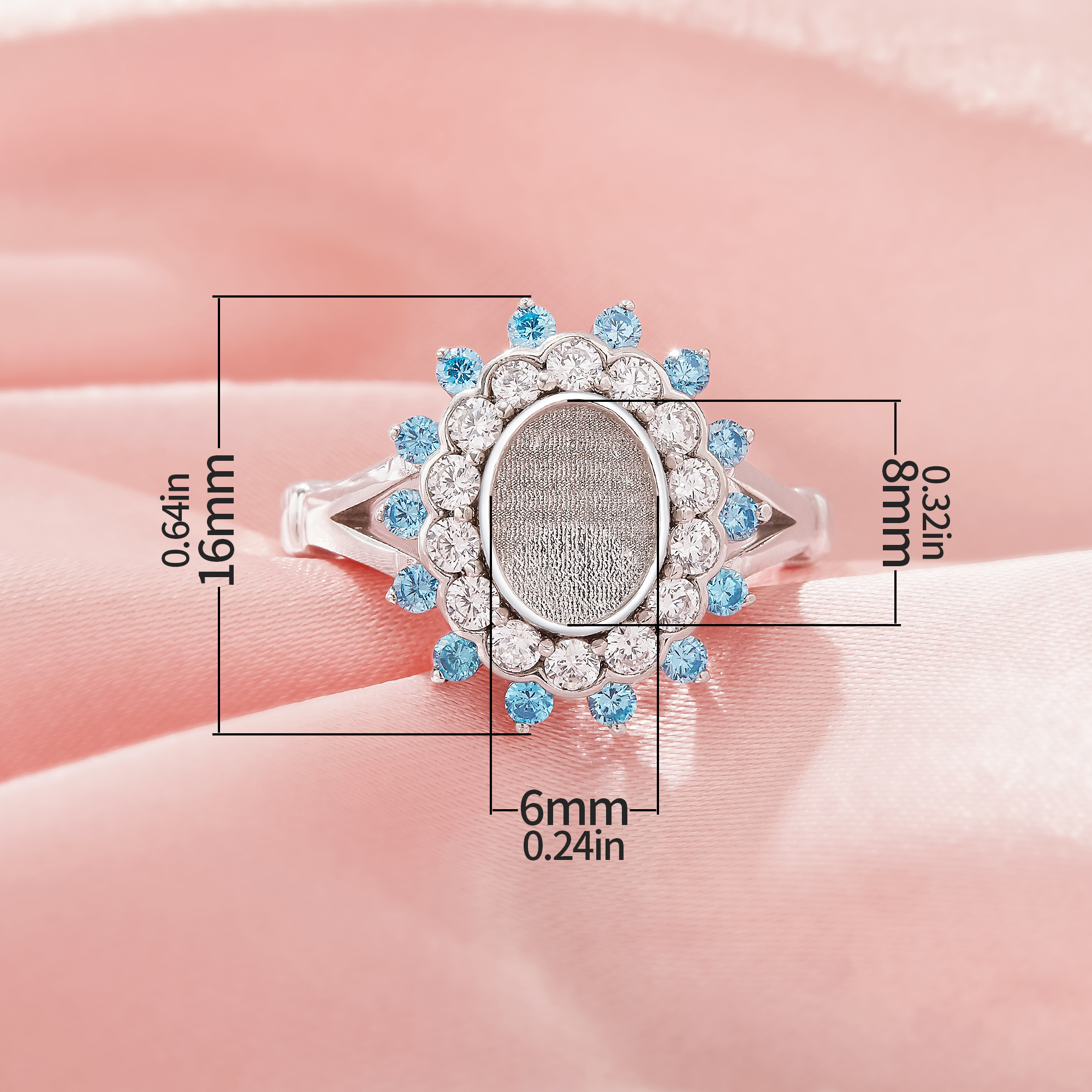 Keepsake Breast Milk Resin Double Halo Oval Ring Bezel Settings,Birthstone Solid 925 Sterling Silver Ring,CZ Stone Art Deco Solid Back Ring,DIY Ring Supplies 1222151-1