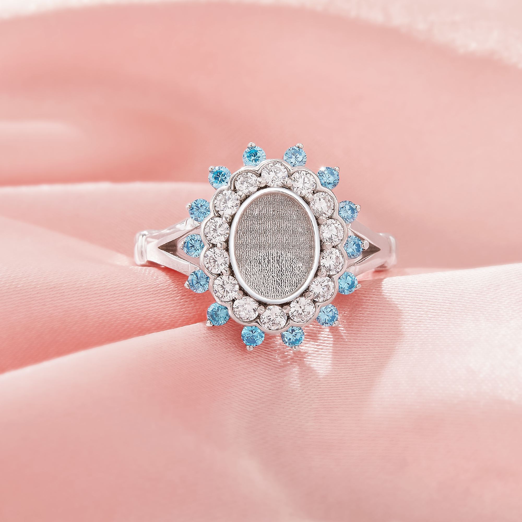 Keepsake Breast Milk Resin Double Halo Oval Ring Bezel Settings,Birthstone Solid 925 Sterling Silver Ring,CZ Stone Art Deco Solid Back Ring,DIY Ring Supplies 1222151-1