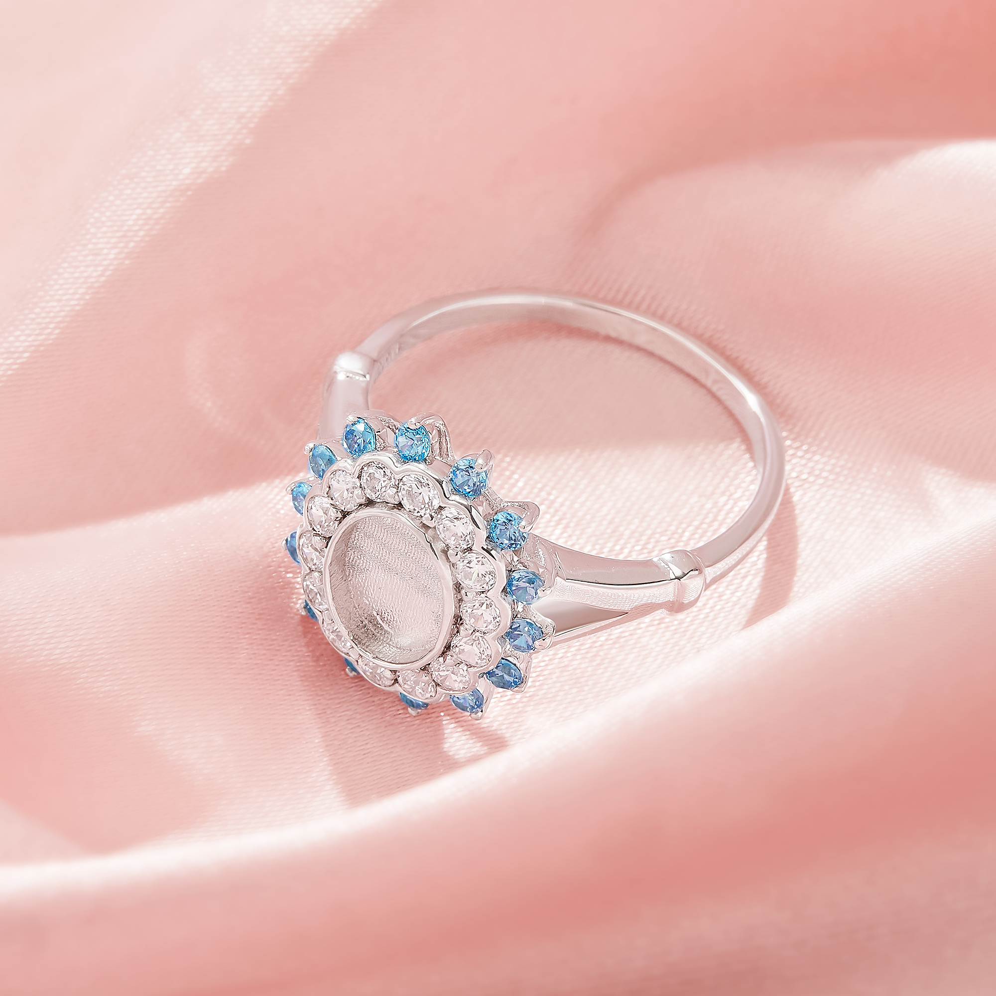 Keepsake Breast Milk Resin Double Halo Oval Ring Bezel Settings,Birthstone Solid 925 Sterling Silver Ring,CZ Stone Art Deco Solid Back Ring,DIY Ring Supplies 1222151-1