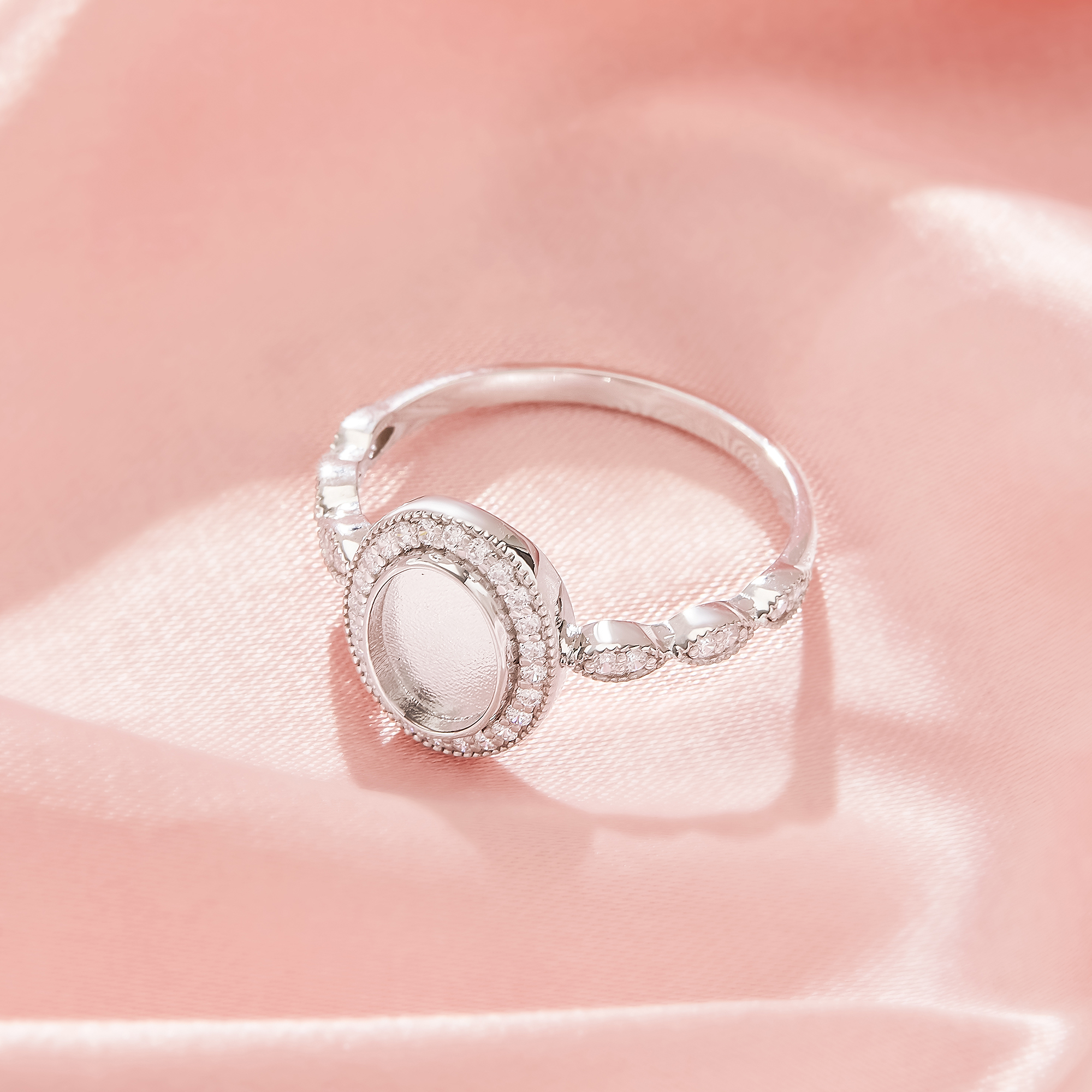 Keepsake Breast Milk Resin Halo Oval Ring Bezel Settings,Solid 925 Sterling Silver Rose Gold Plated Ring,Art Deco Oval Ring,DIY Ring Supplies 1222160-1