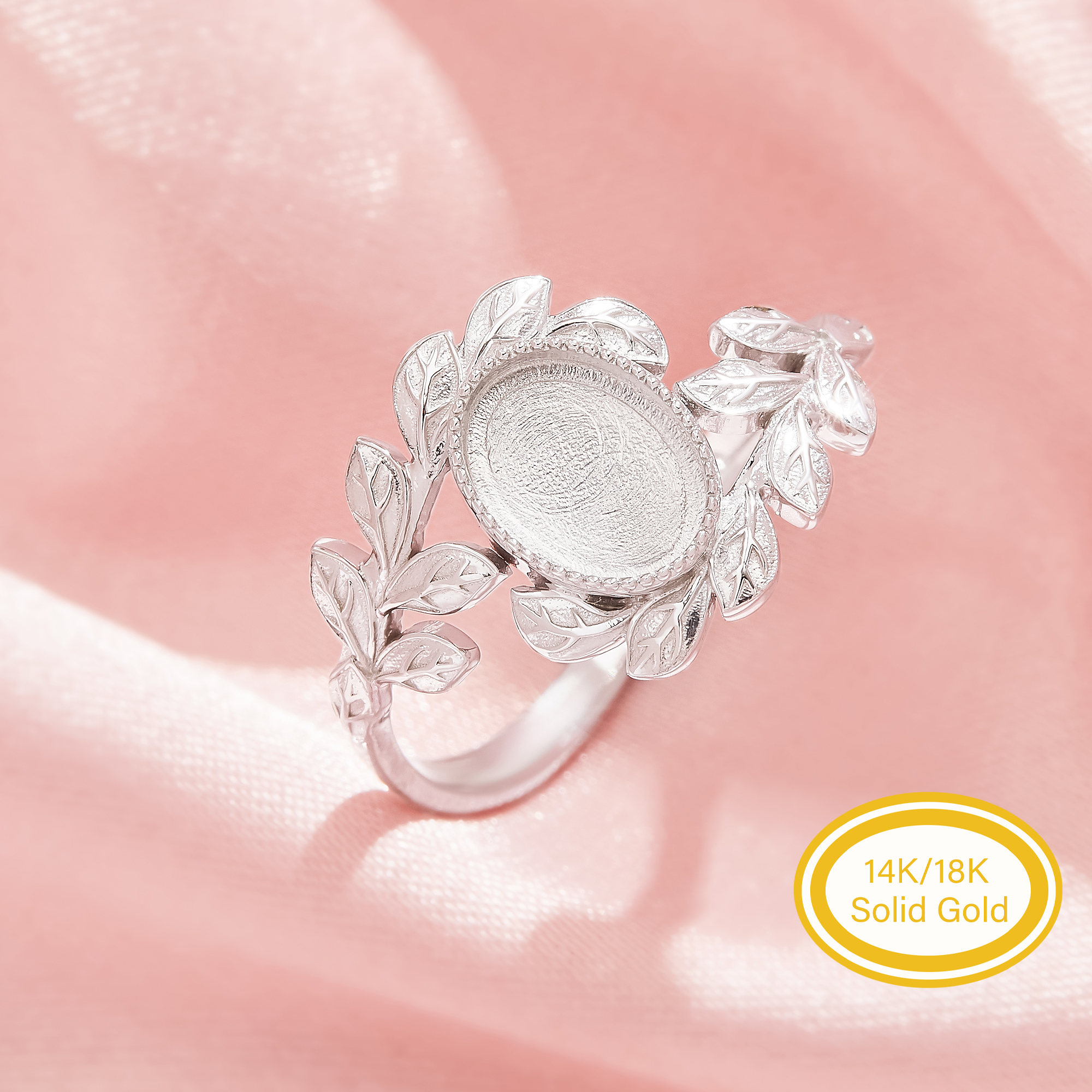 6x8MM Keepsake Breast Milk Resin Oval Ring Bezel Settings,Bypass Shank Solid 14K 18K Gold Ring,Tree Branch Leaf Solid Back Ring,DIY Ring Supplies 1222161