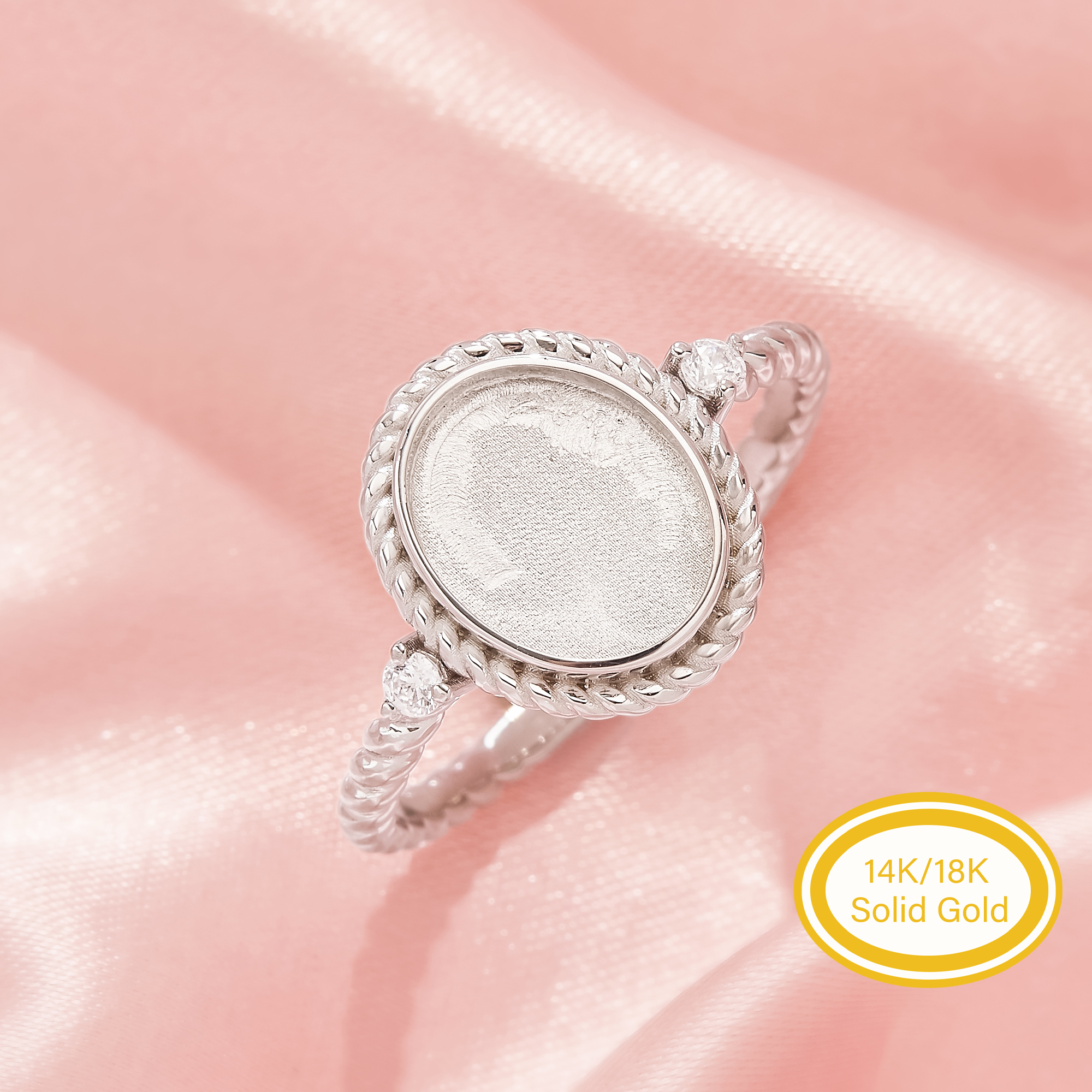 Keepsake Mother Milk Resin Oval Ring Bezel Settings,Solid 14K 18K Gold Ring With Two Side Moissanite Stones,Twisted Band Ring 1222164