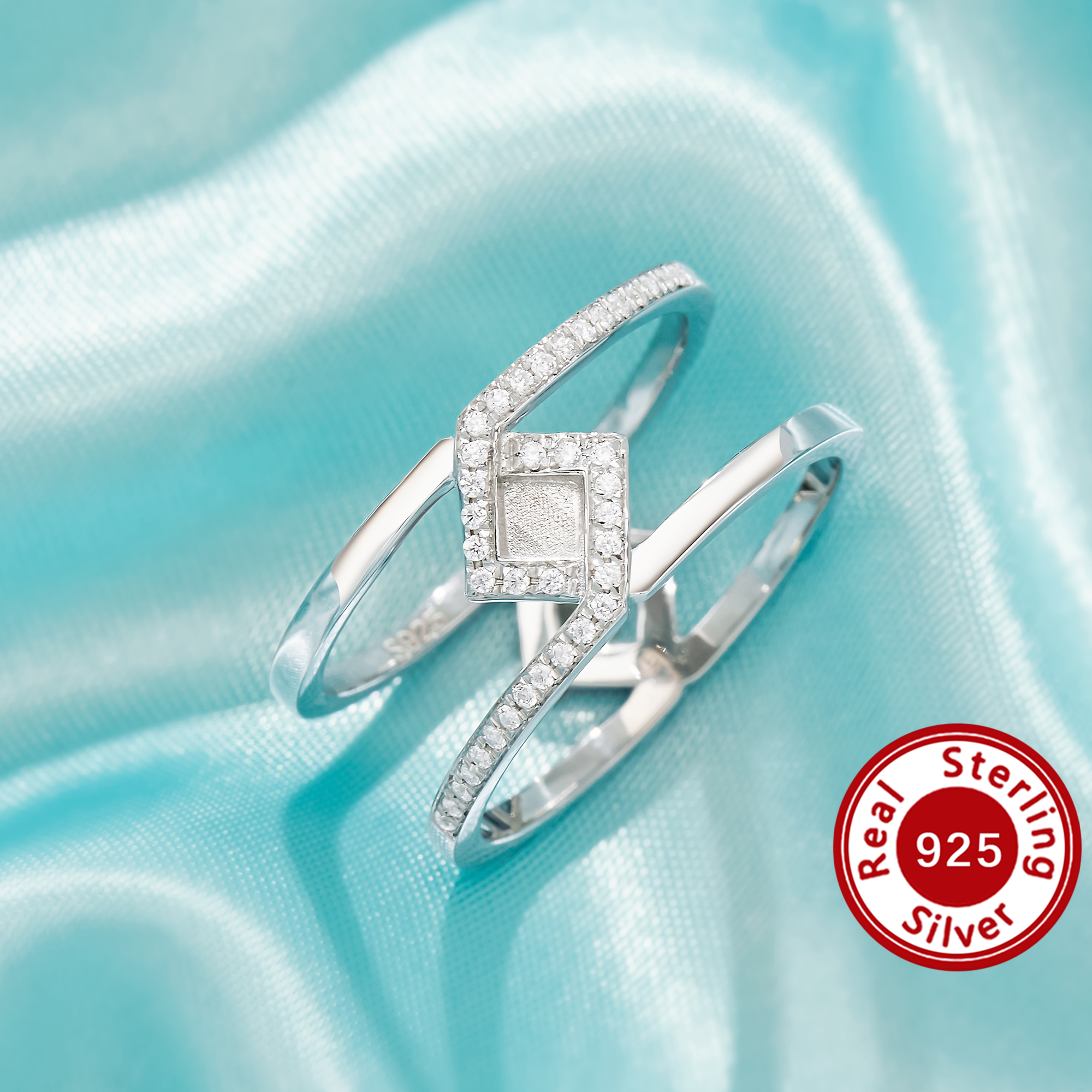 3MM Keepsake Mother Milk Resin Square Bezel Ring Settings,Solid Back Solid 925 Sterling Silver Ring,Split Shank DIY Ring Supplies 1222166-1