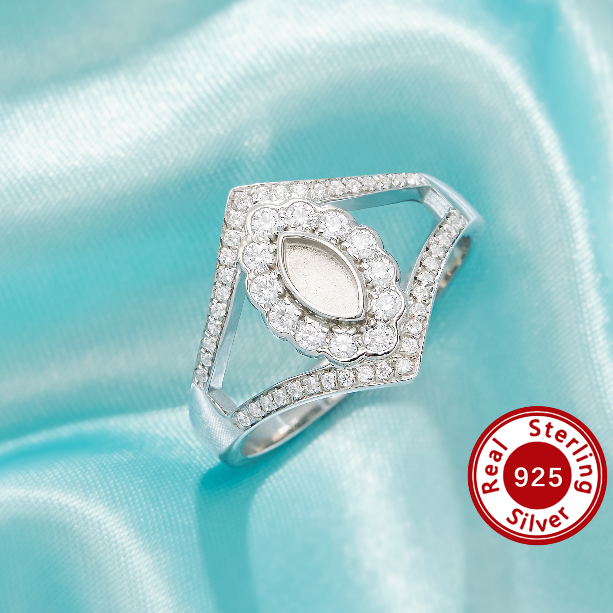 Keepsake Mother Milk Resin Marquise Bezel Ring Settings,Solid Back Solid 925 Sterling Silver Ring,Split Shank Pave CZ Stone Ring 1222167-1
