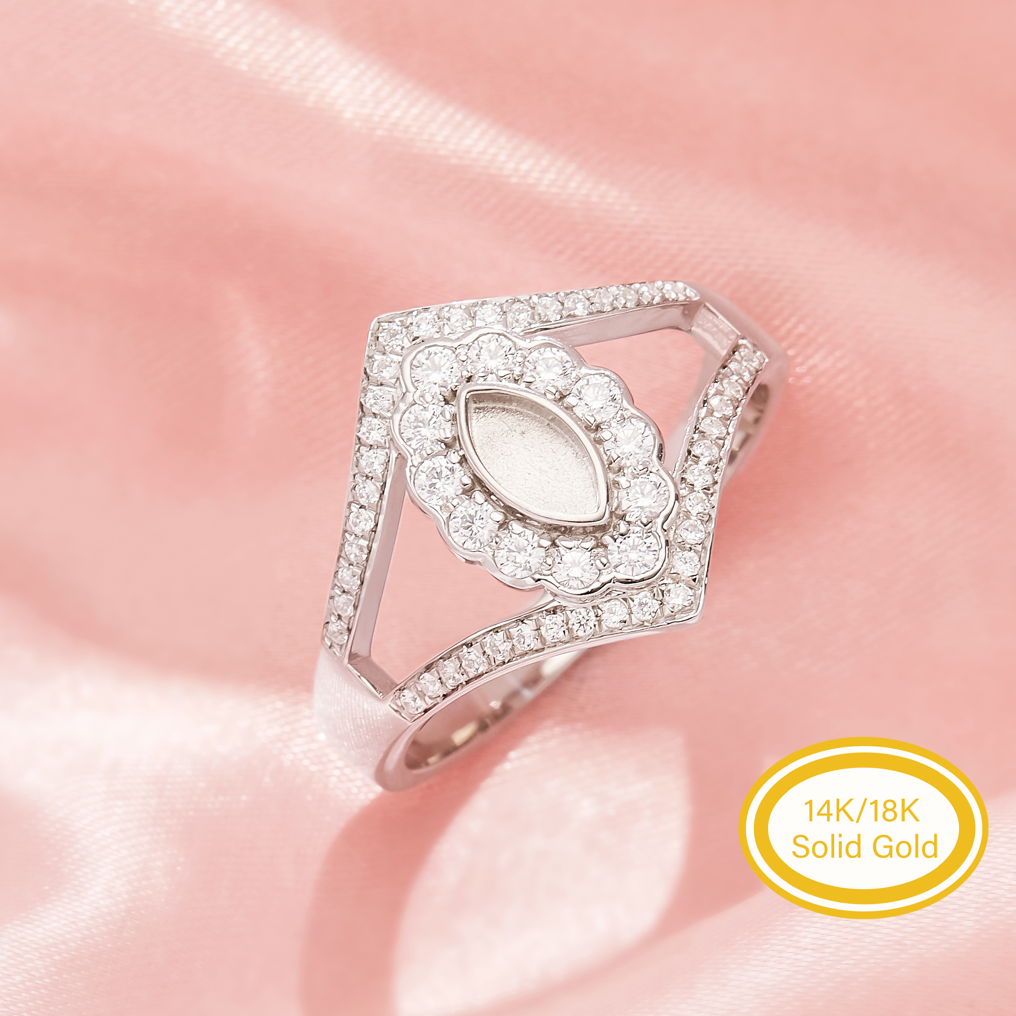 3x6MM Keepsake Mother Milk Resin Marquise Bezel Ring Settings,Solid Back Solid 14K 18K Gold Ring,Split Shank Pave CZ Stone Ring,DIY Ring 1222167