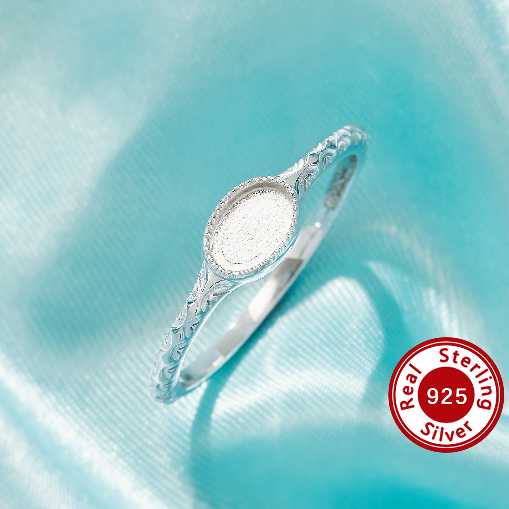 4x6MM Keepsake Mother Milk Resin Bezel Ring Settings,Oval Luxury Solid 925 Sterling Silver Ring, Unique Carved Pattern Art Deco Jewelry 1222169-1