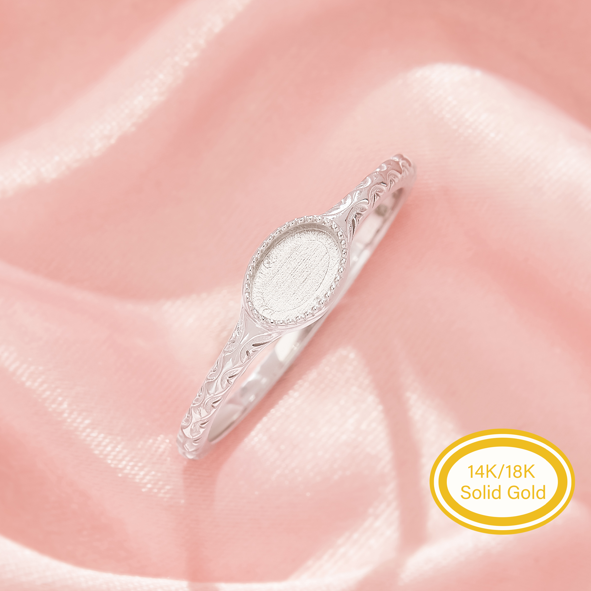4x6MM Keepsake Mother Milk Resin Bezel Ring Settings,Oval Luxury Solid 14K 18K Gold Ring, Unique Carved Pattern Art Deco Jewelry 1222169