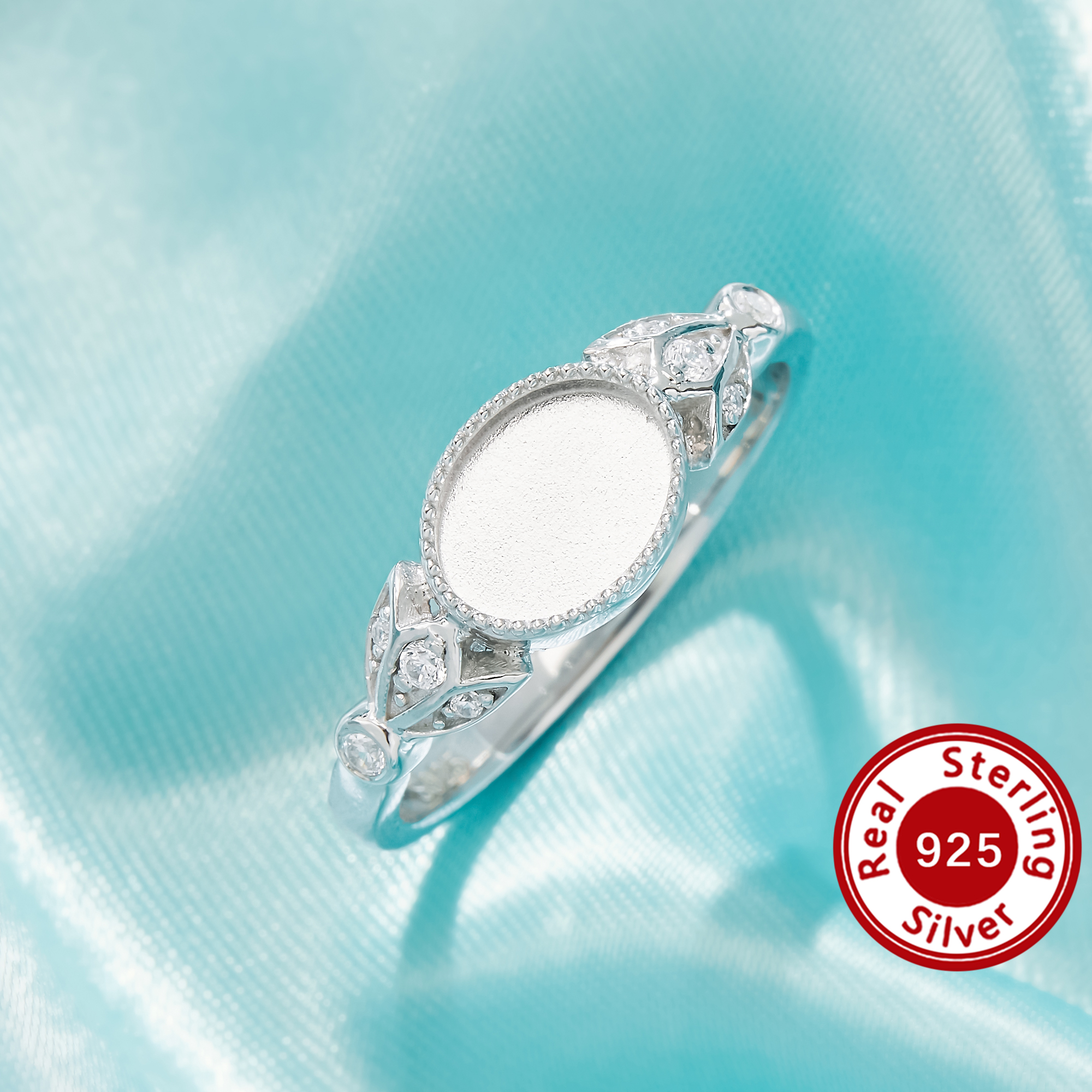 6x8MM Keepsake Mother Milk Resin Bezel Ring Settings,Oval Elegant Solid 925 Sterling Silver Ring, Pave Tiny Accent Stones Leaf Jewelry 1222170-1