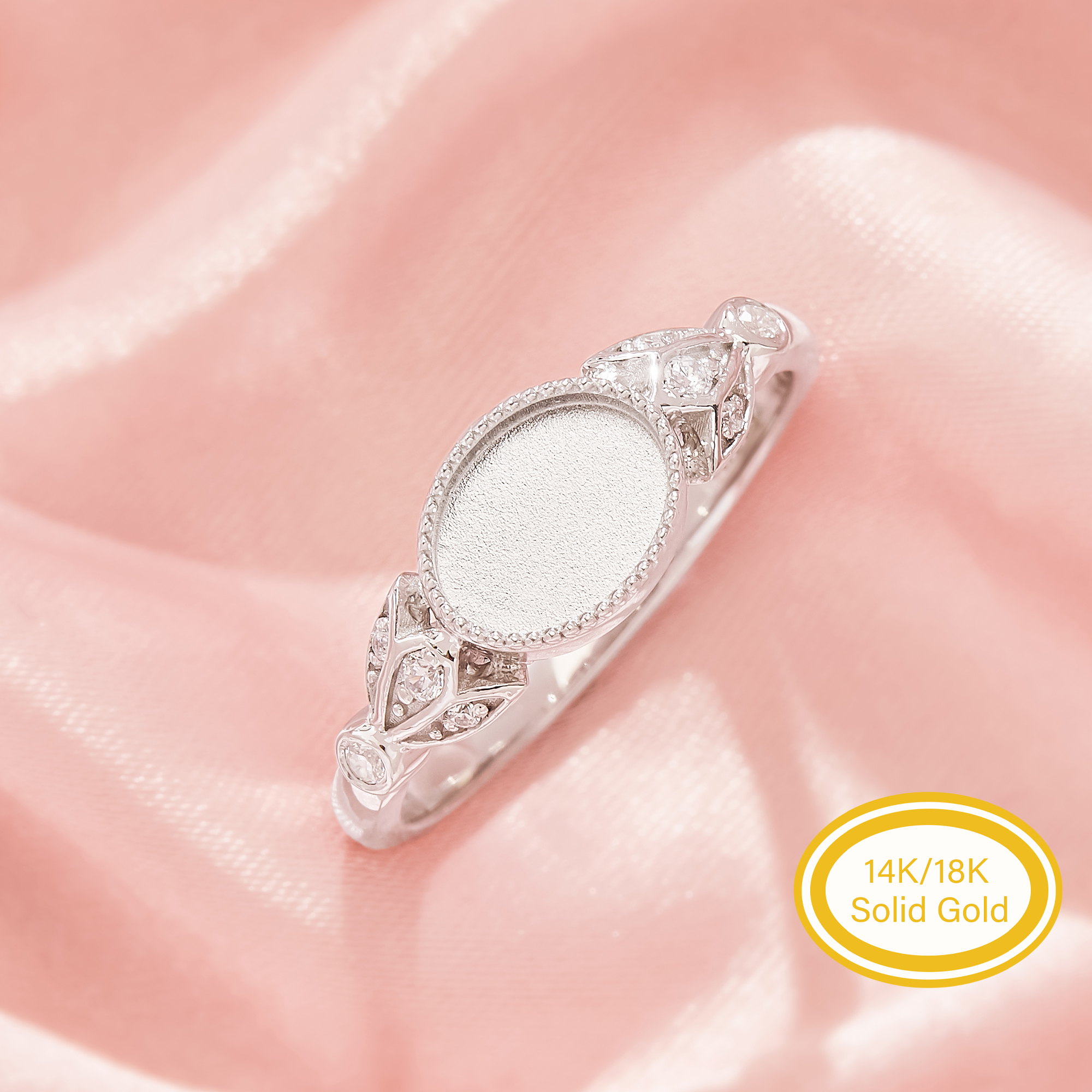 6x8MM Keepsake Mother Milk Resin Bezel Ring Settings,Oval Elegant Solid 14K 18K Gold Ring, Pave Tiny Accent Stones Leaf Jewelry 1222170