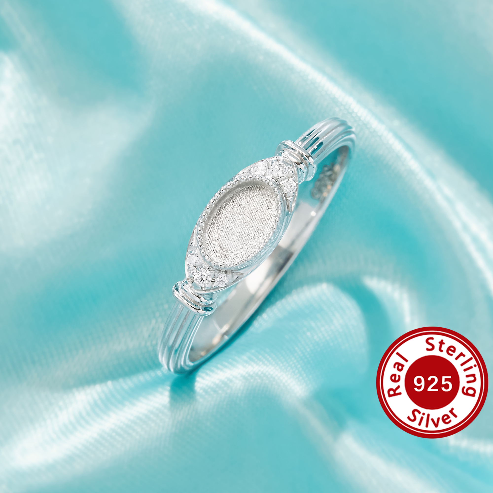 4x6MM Keepsake Mother Milk Resin Bezel Ring Settings,Oval Elegant Solid 925 Sterling Silver Ring, Pave Tiny Accent Stones Ribbed Jewelry 1222171-1