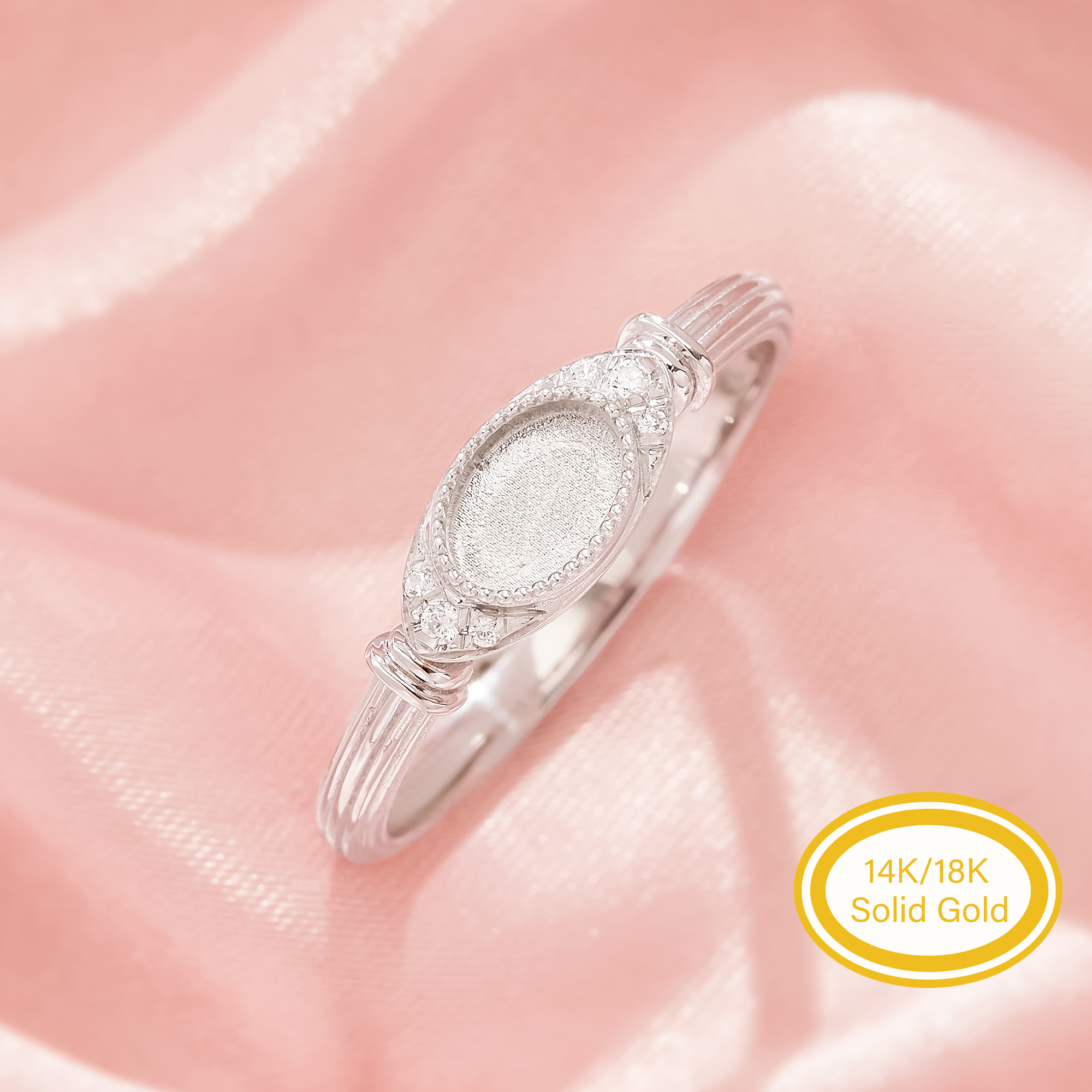 4x6MM Keepsake Mother Milk Resin Bezel Ring Settings,Oval Elegant Solid 14K 18K Gold Ring, Pave Tiny Accent Stones Ribbed Jewelry 1222171