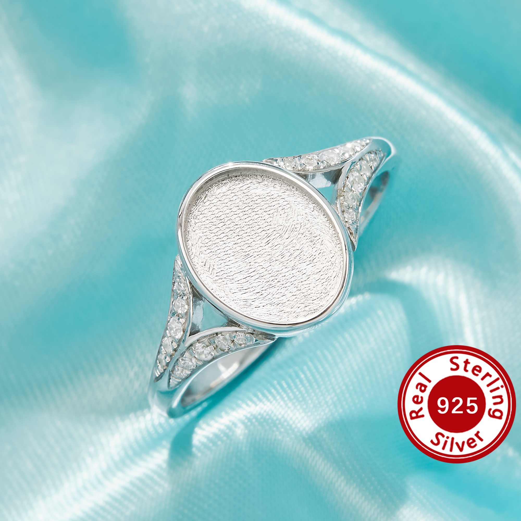 Keepsake Mother Milk Resin Bezel Ring Settings,Oval Elegant Solid 925 Sterling Silver Ring, Pave Tiny Accent Stones Split Shank 1222173-1