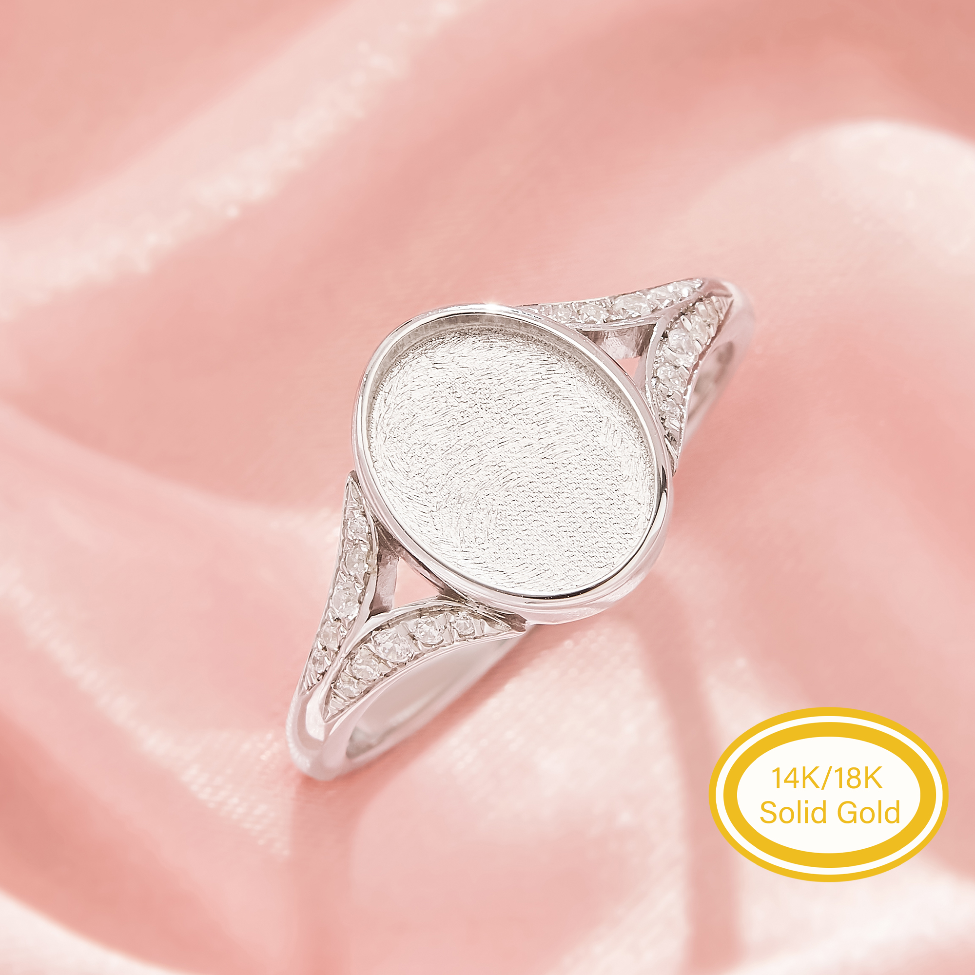 Keepsake Mother Milk Resin Bezel Ring Settings,Oval Elegant Solid 14K 18K Gold Ring, Pave Tiny Accent Stones Split Shank 1222173