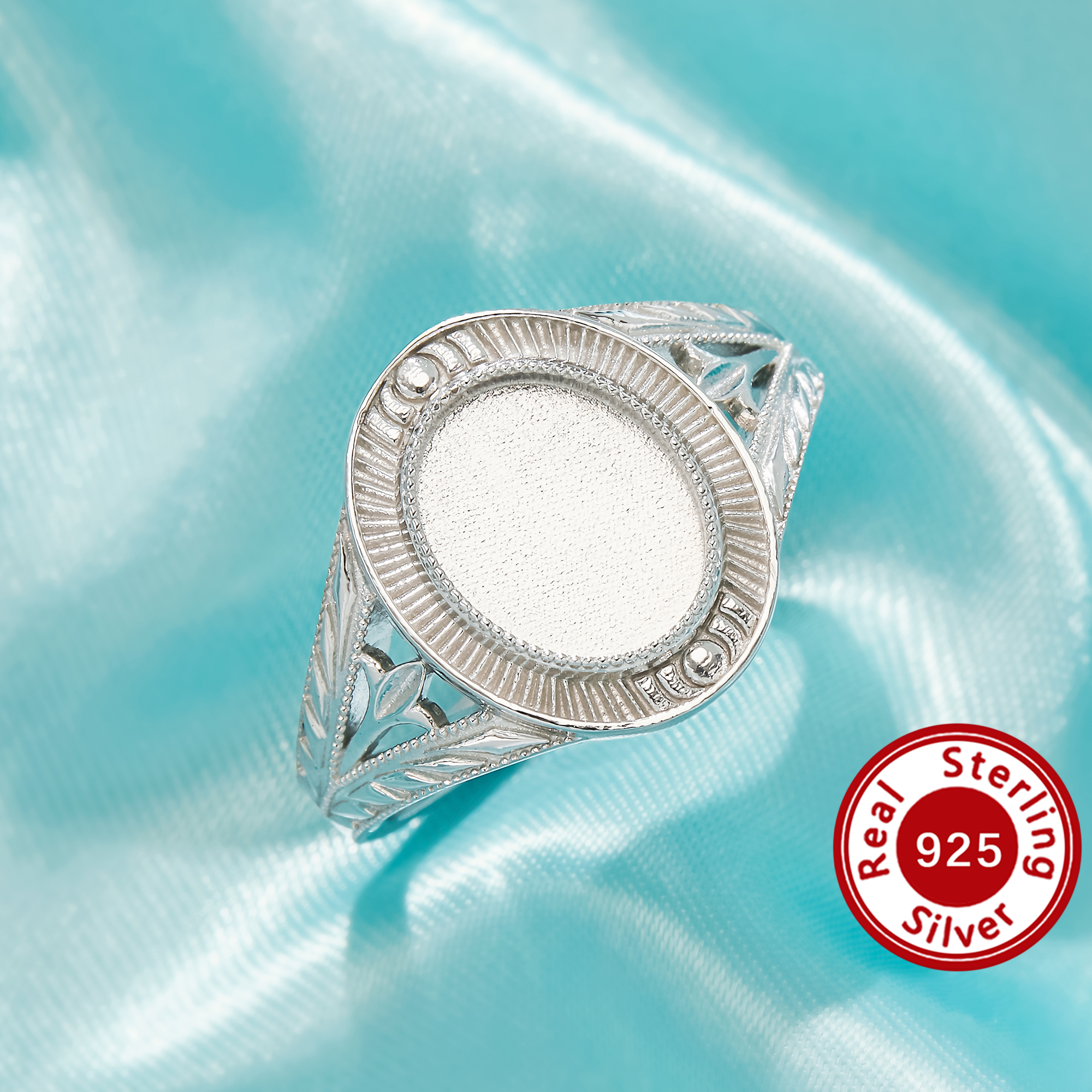 8x10MM Keepsake Mother Milk Resin Bezel Ring Settings,Oval Elegant Solid 925 Sterling Silver Ring, Sunburst Radiating Engraved Leaf Jewelry 1222174-1