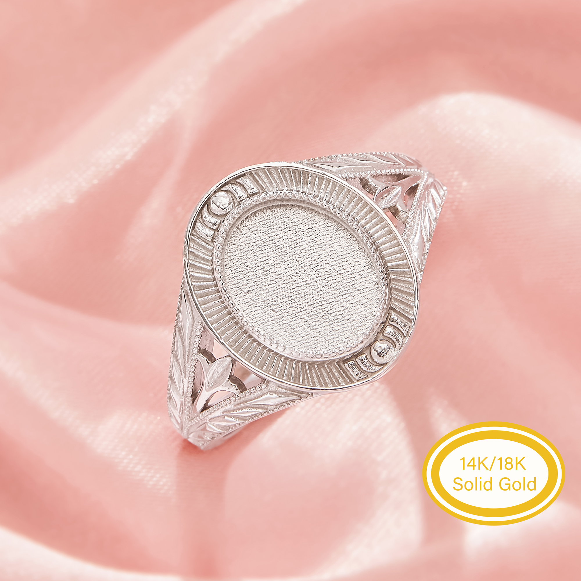 8x10MM Keepsake Mother Milk Resin Bezel Ring Settings,Oval Elegant Solid 14K 18K Gold Ring, Sunburst Radiating Engraved Leaf Jewelry 1222174