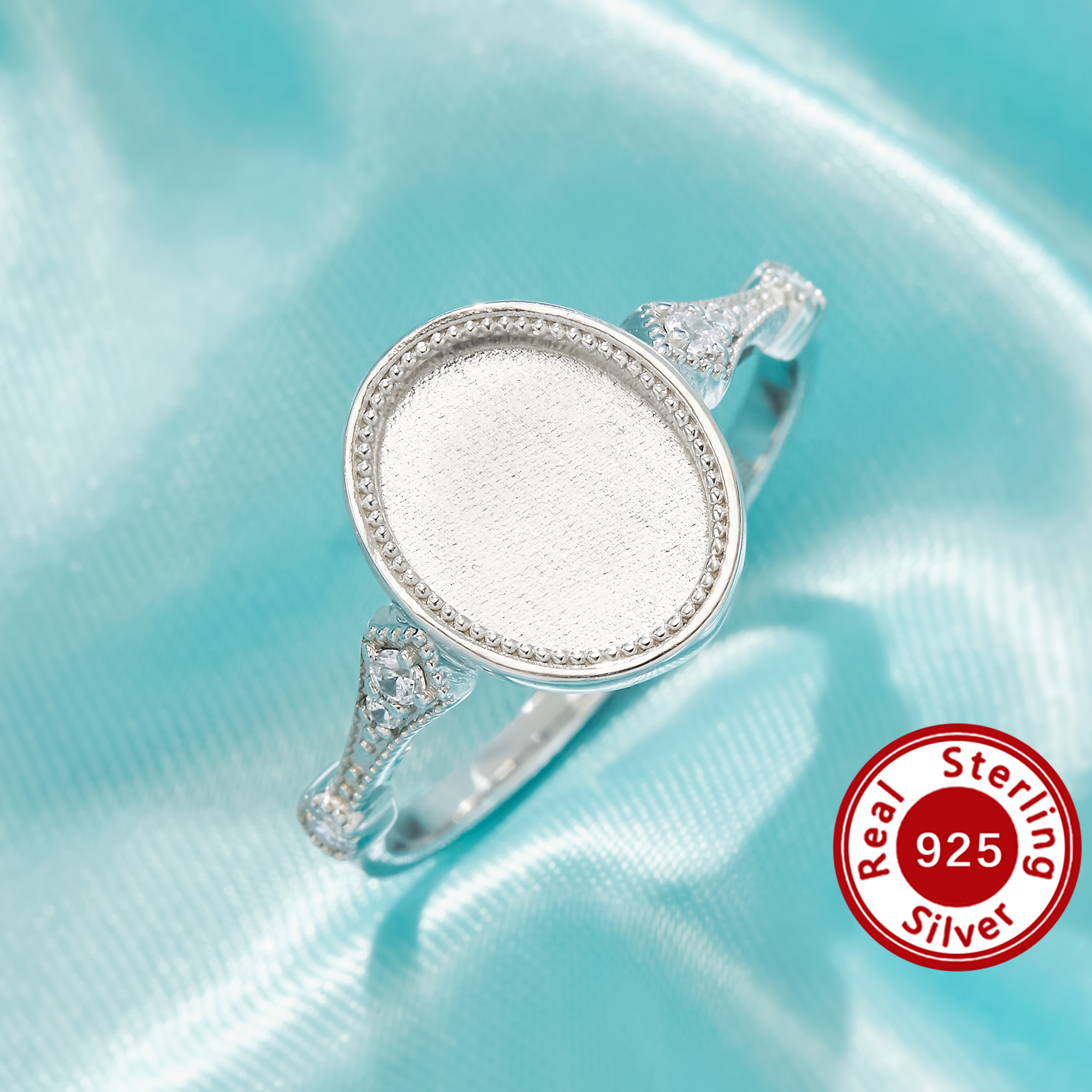 Keepsake Mother Milk Resin Oval Bezel Ring Settings, Elegant Solid 925 Sterling Silver Ring, Milgrain Beaded Tiny Pave Stones Jewelry 1222175-1