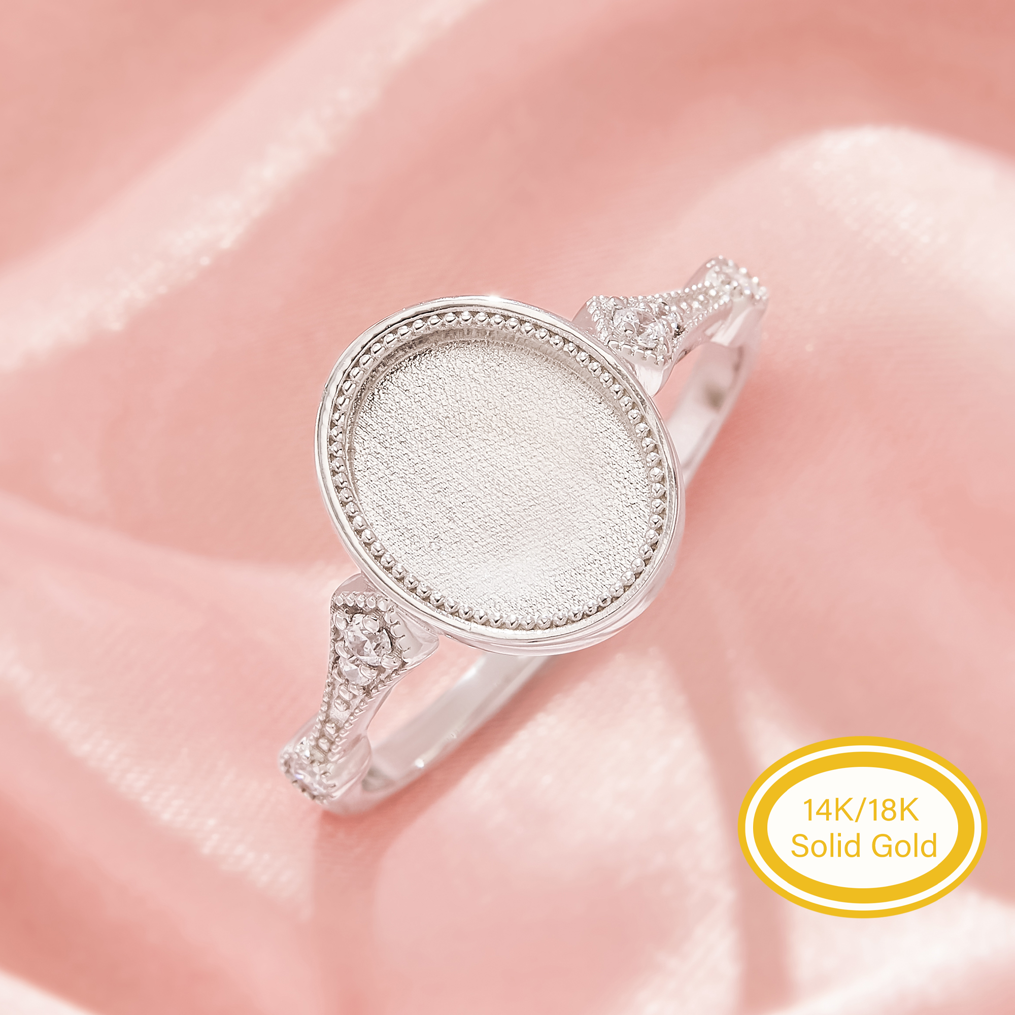Keepsake Mother Milk Resin Oval Bezel Ring Settings, Elegant Solid 14K 18K Gold Ring, Milgrain Beaded Tiny Pave Stones Jewelry 1222175