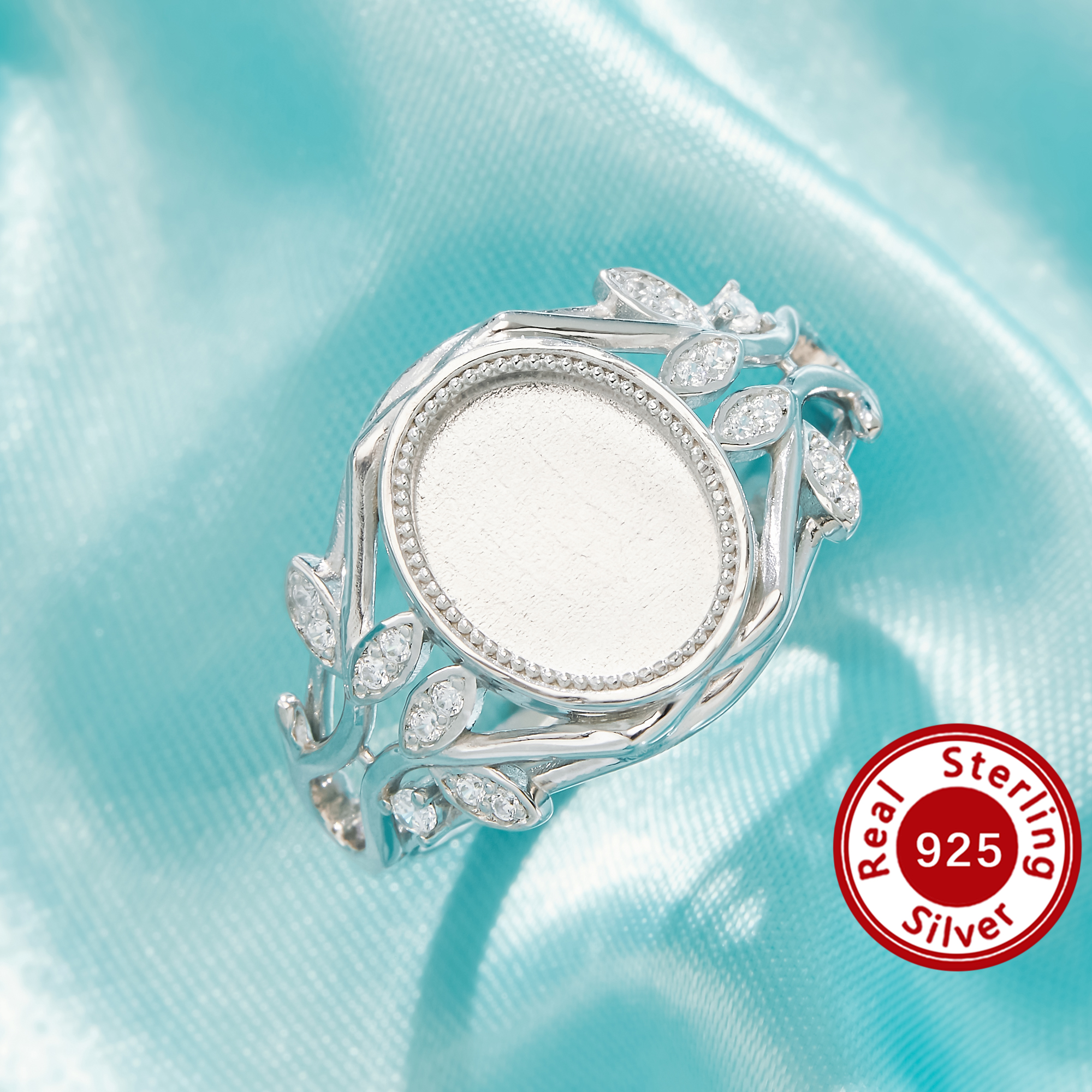 8x10MM Keepsake Mother Milk Resin Bezel Ring Settings,Oval Elegant Solid 925 Sterling Silver Ring, Nature Inspired Pave Leaf Vine Jewelry 1222176-1