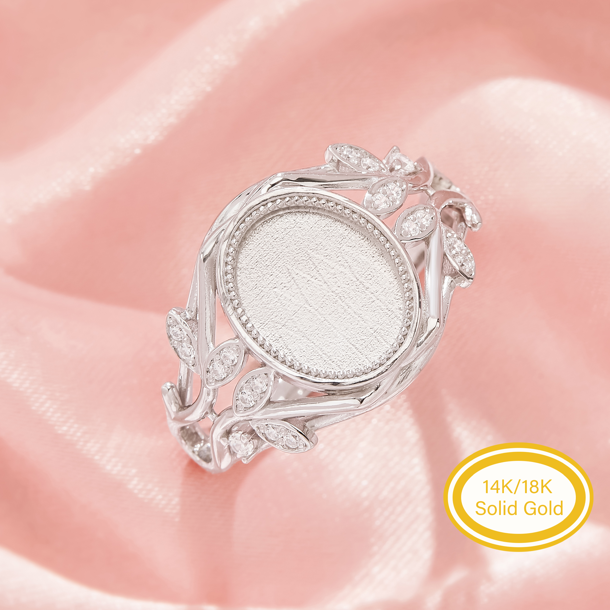 8x10MM Keepsake Mother Milk Resin Bezel Ring Settings,Oval Elegant Solid 14K 18K Gold Ring, Nature Inspired Pave Leaf Vine Jewelry 1222176