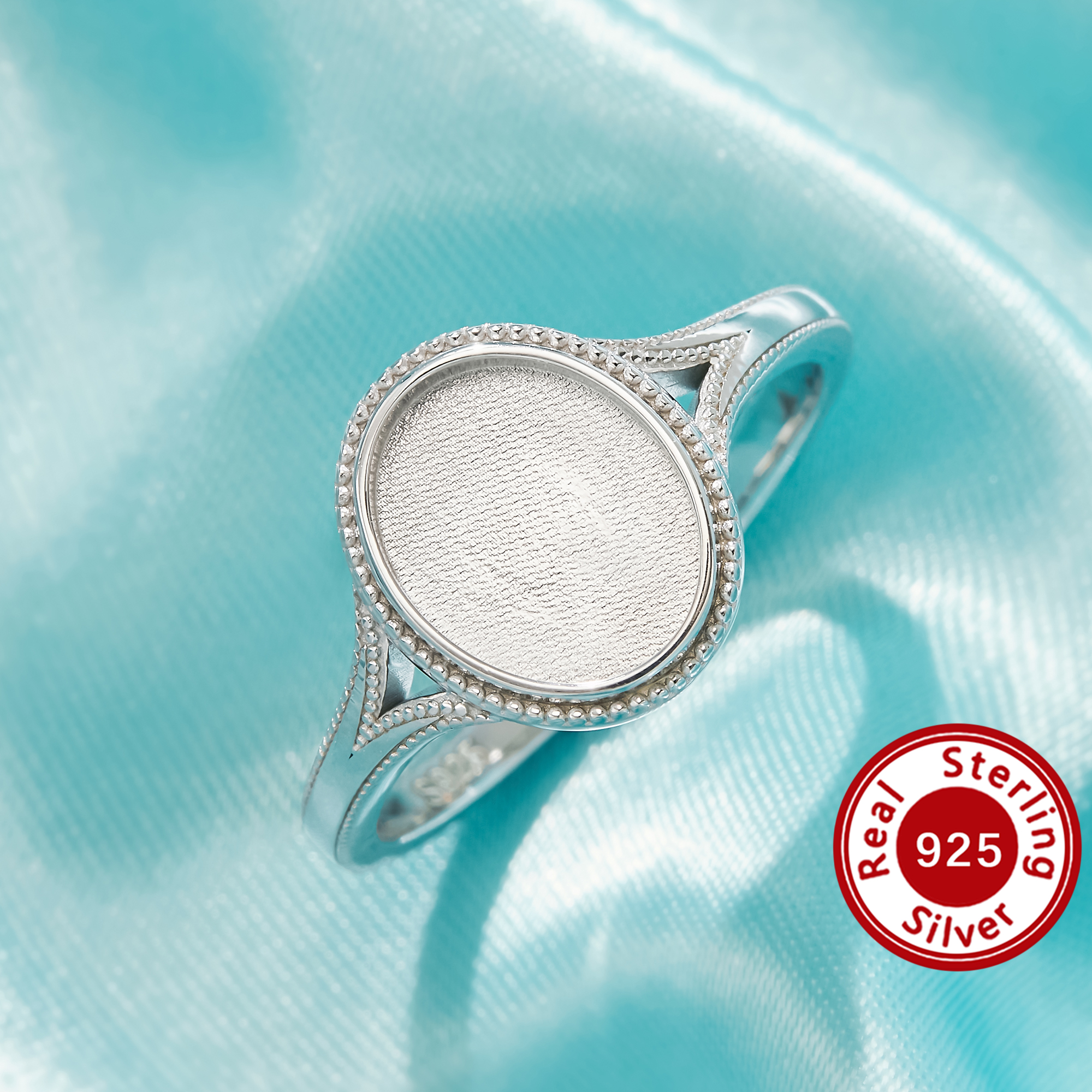 Keepsake Mother Milk Resin Bezel Ring Settings,Oval Elegant Solid 925 Sterling Silver Ring, Retro Double Milgrain Beaded Jewelry 1222177-1