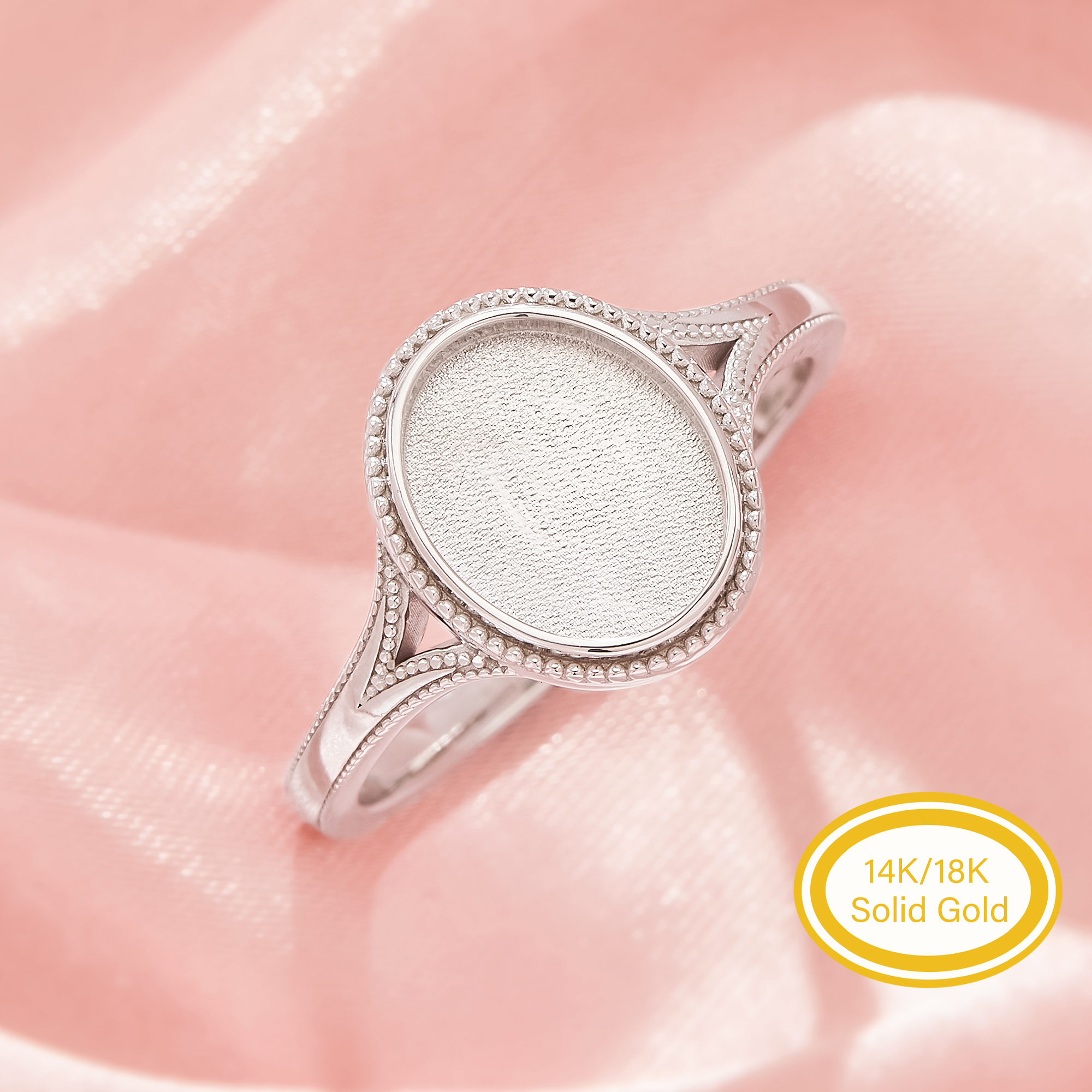 Keepsake Mother Milk Resin Bezel Ring Settings,Oval Elegant Solid 14K 18K Gold Ring, Retro Double Milgrain Beaded Jewelry 1222177