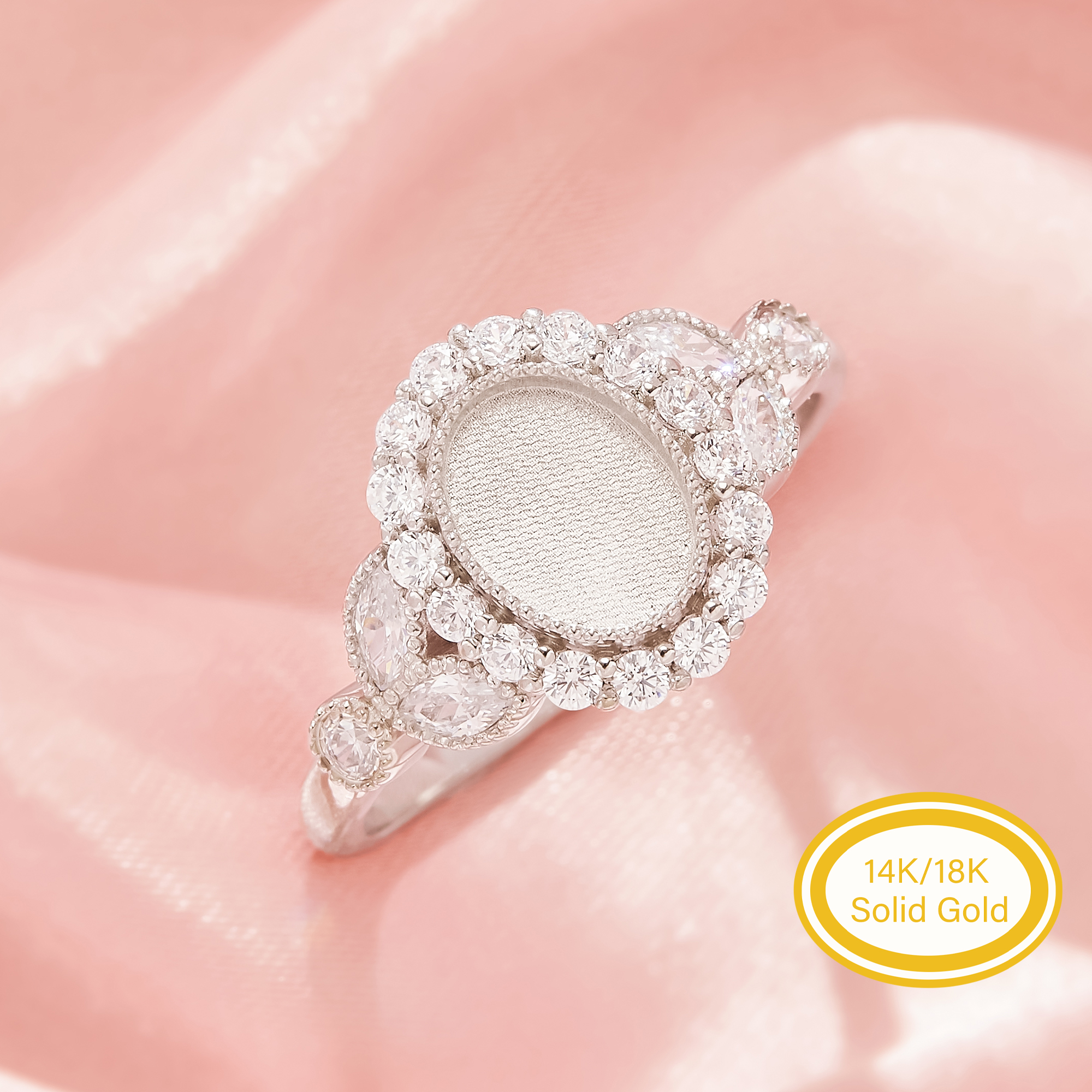 6x8MM Keepsake Mother Milk Resin Bezel Ring Settings, Elegant Halo Solid 14K 18K Gold Band, Beautiful Vintage Art Deco Luxury Gift 1222178