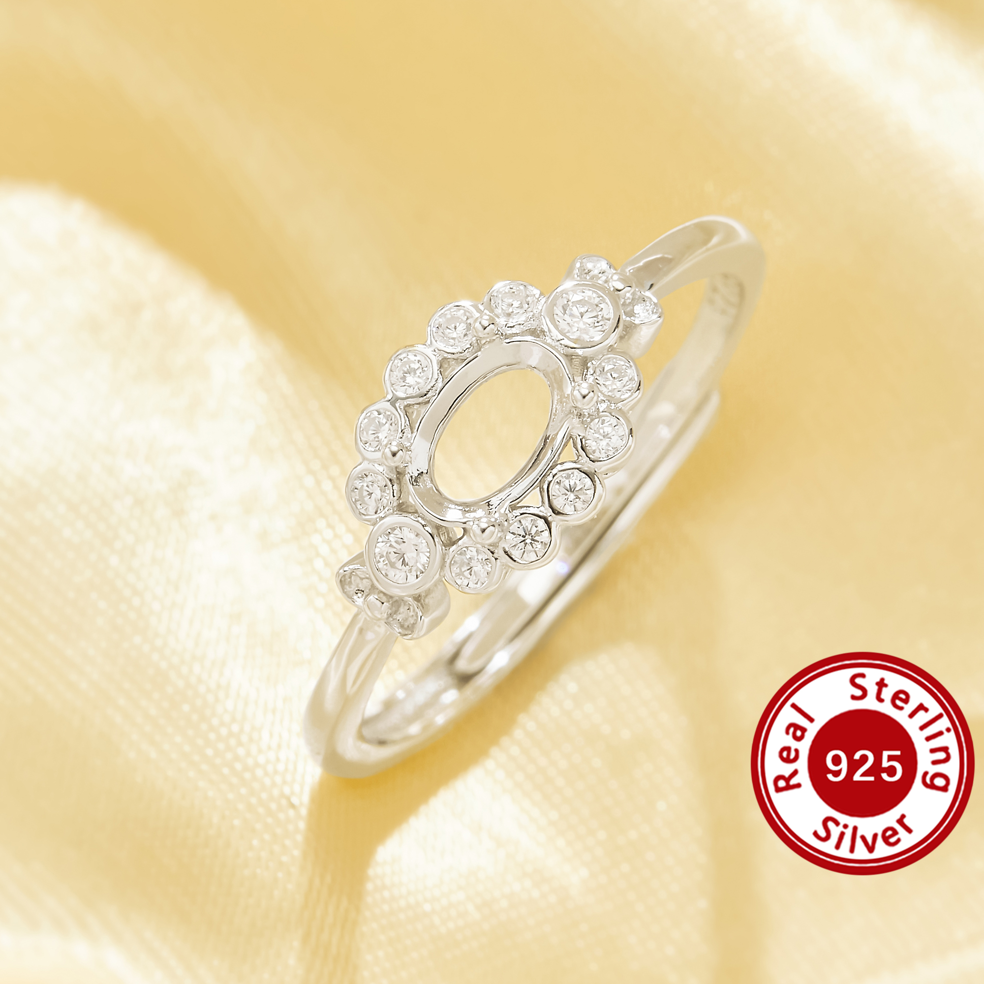 4x6MM Oval Prongs Ring Setting,Cluster CZ Halo Solid 925 Sterling Silver Ring,Vintage Style Ring,DIY Adjustable Ring Settings 1222179