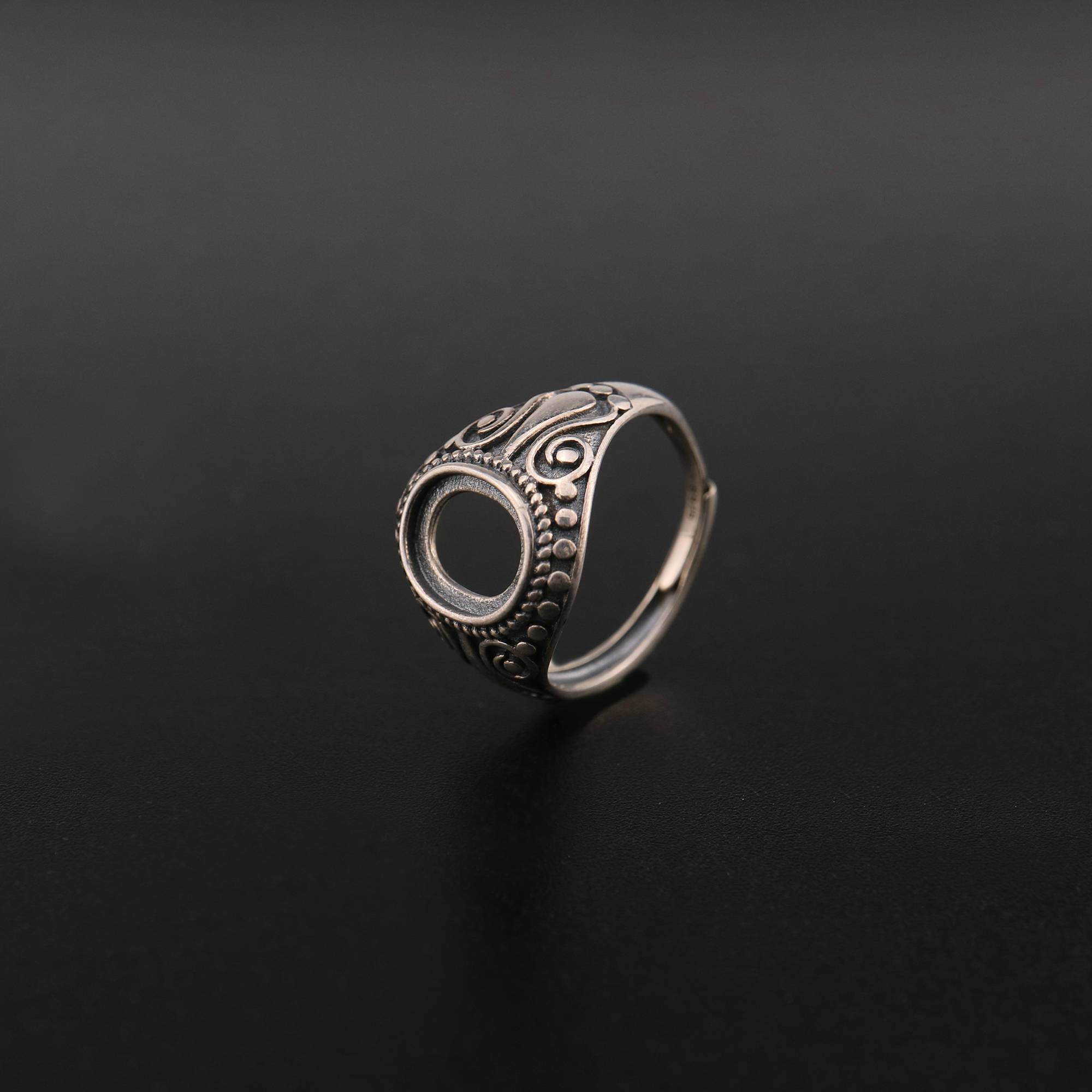 1Pcs 8x10MM Vintage Style Antiqued Solid 925 Sterling Silver Oval Bezel Adjustable Ring Settings for Cabochon Stone 1223107 - Click Image to Close