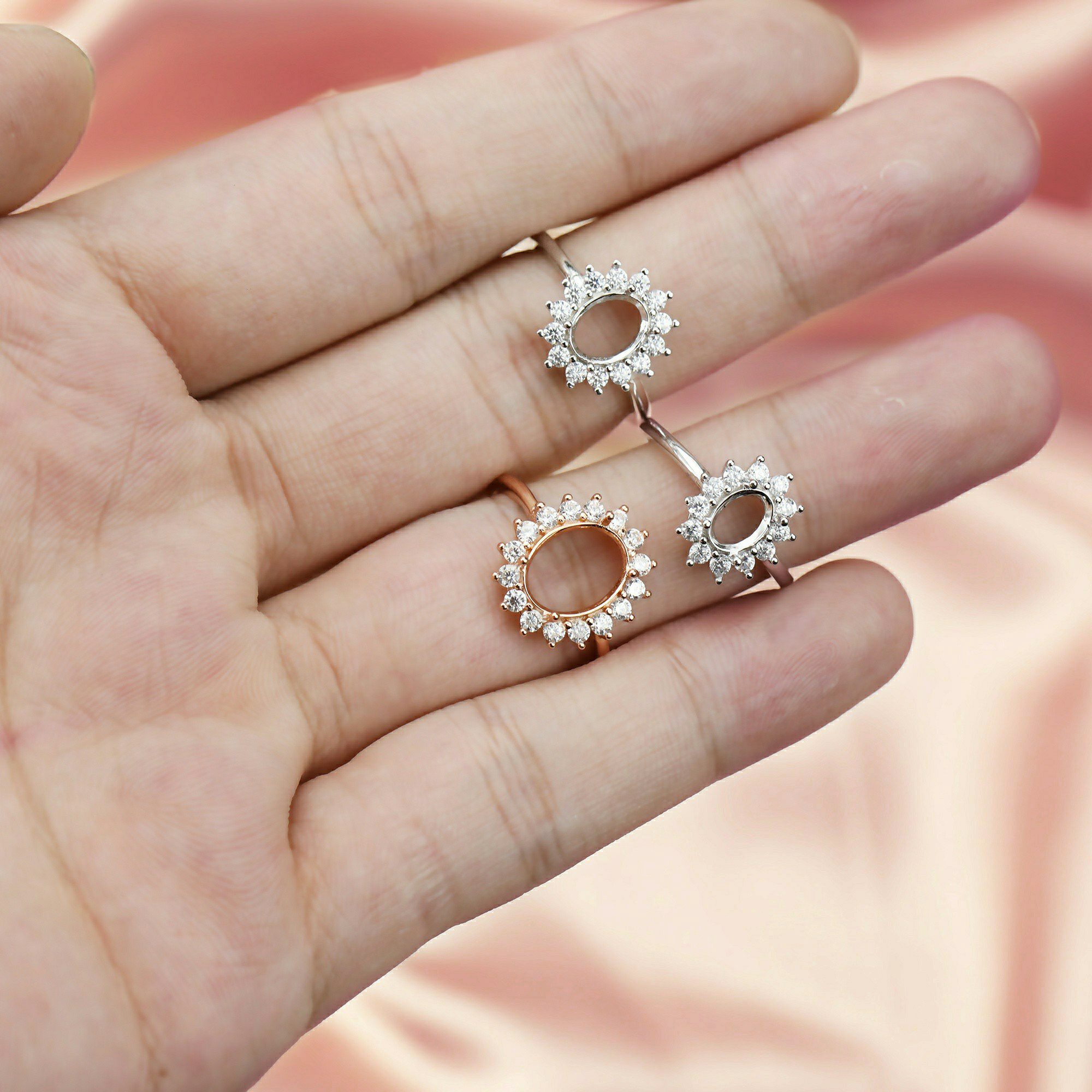 Keepsake Breast Milk Oval Halo Prongs Ring Settings Resin Solid 14K Gold with Moissanite Accents DIY Flower Ring Blank Band 1224004-1